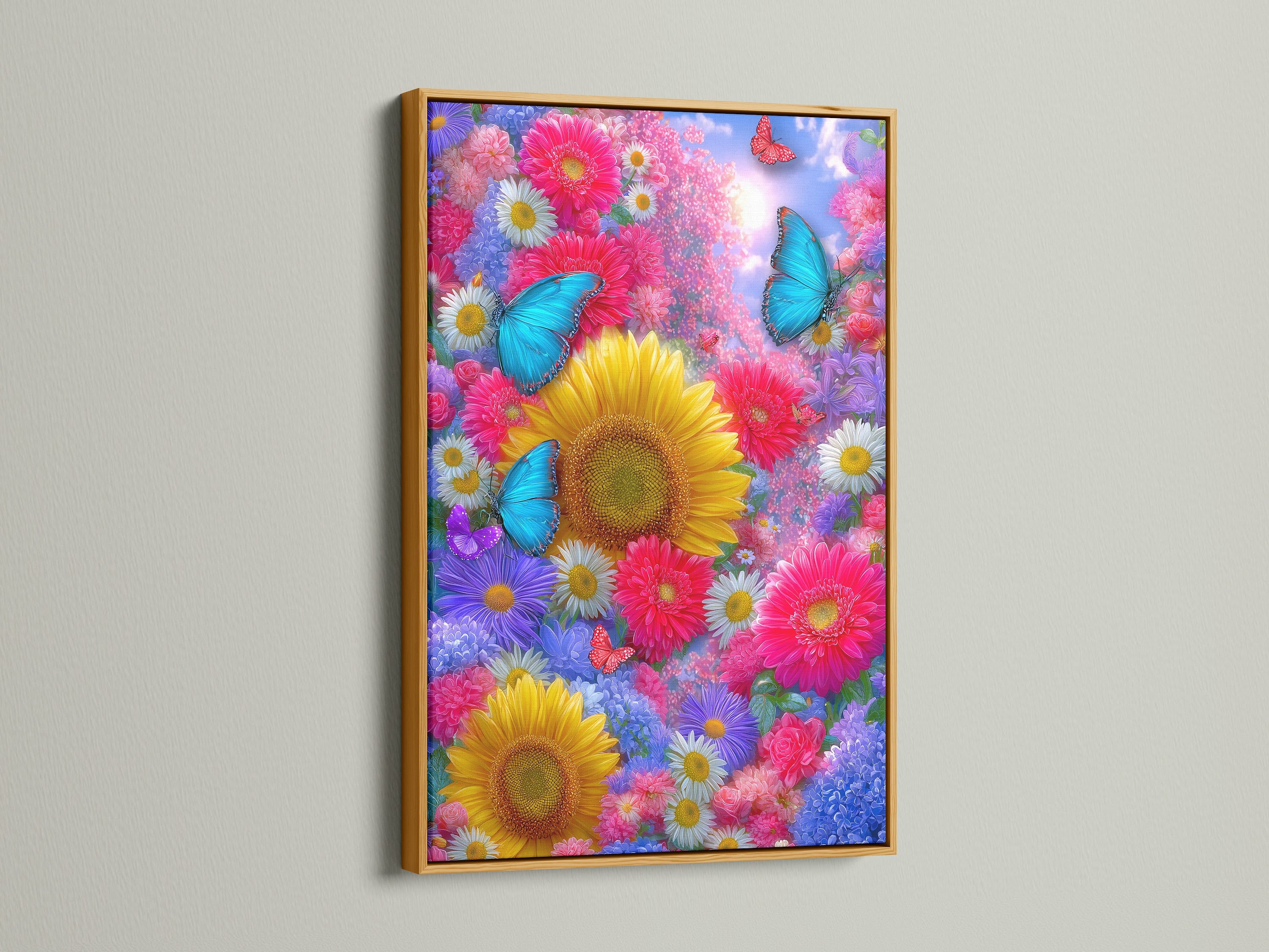 Butterfly flower garden artwork presented in a gold frame. The artwork features colorful sunflowers and butterflies. The gold frame adds a touch of elegance. It is ideal for living rooms or creative studios. This floral wall art enhances any room's decor.