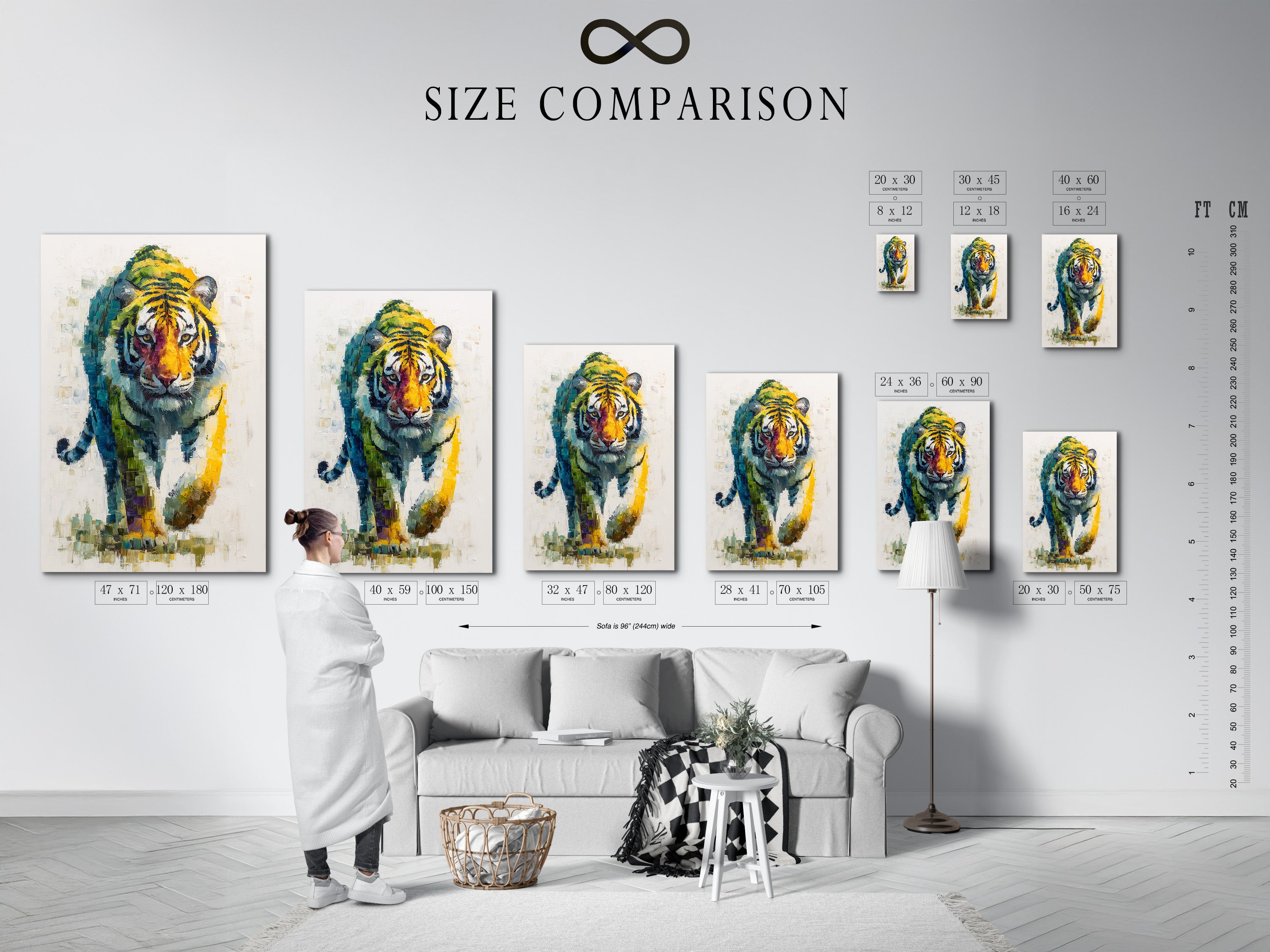 A size comparison chart displayed in an interior setting. Showcasing the different sizes available for the tiger artwork. Find the perfect fit for your wall decor. Choose your ideal canvas or poster size.