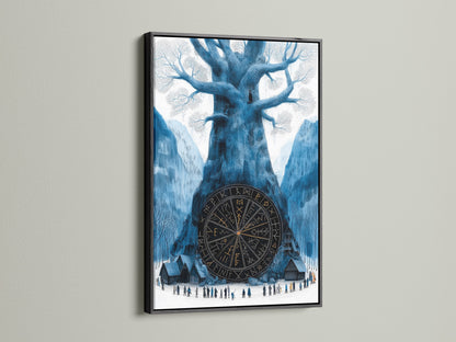 The Yggdrasil Canvas Print is striking in a black frame. This Norse Mythology Wall Art makes a bold statement in any room. The black frame accentuates the teal and gold artwork. It's perfect for adding a touch of Viking decor to your man cave art or office space. Discover this unique fantasy artwork.