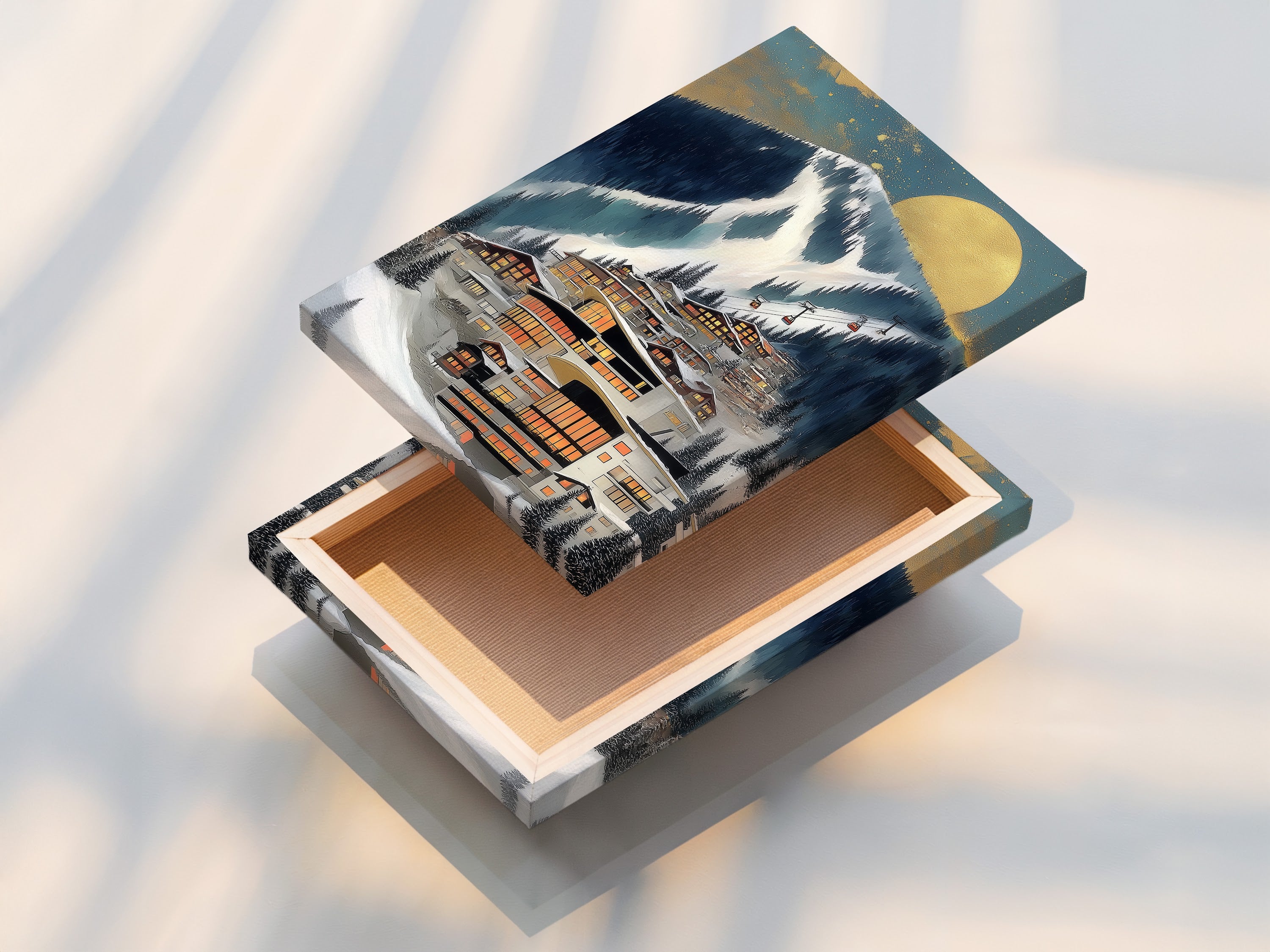 This is a stretched canvas print of the Alpine Village artwork. The canvas brings the contemporary snow scene to life. It is ready to hang and enjoy. Ideal for adding a modern touch to chalet wall decor.