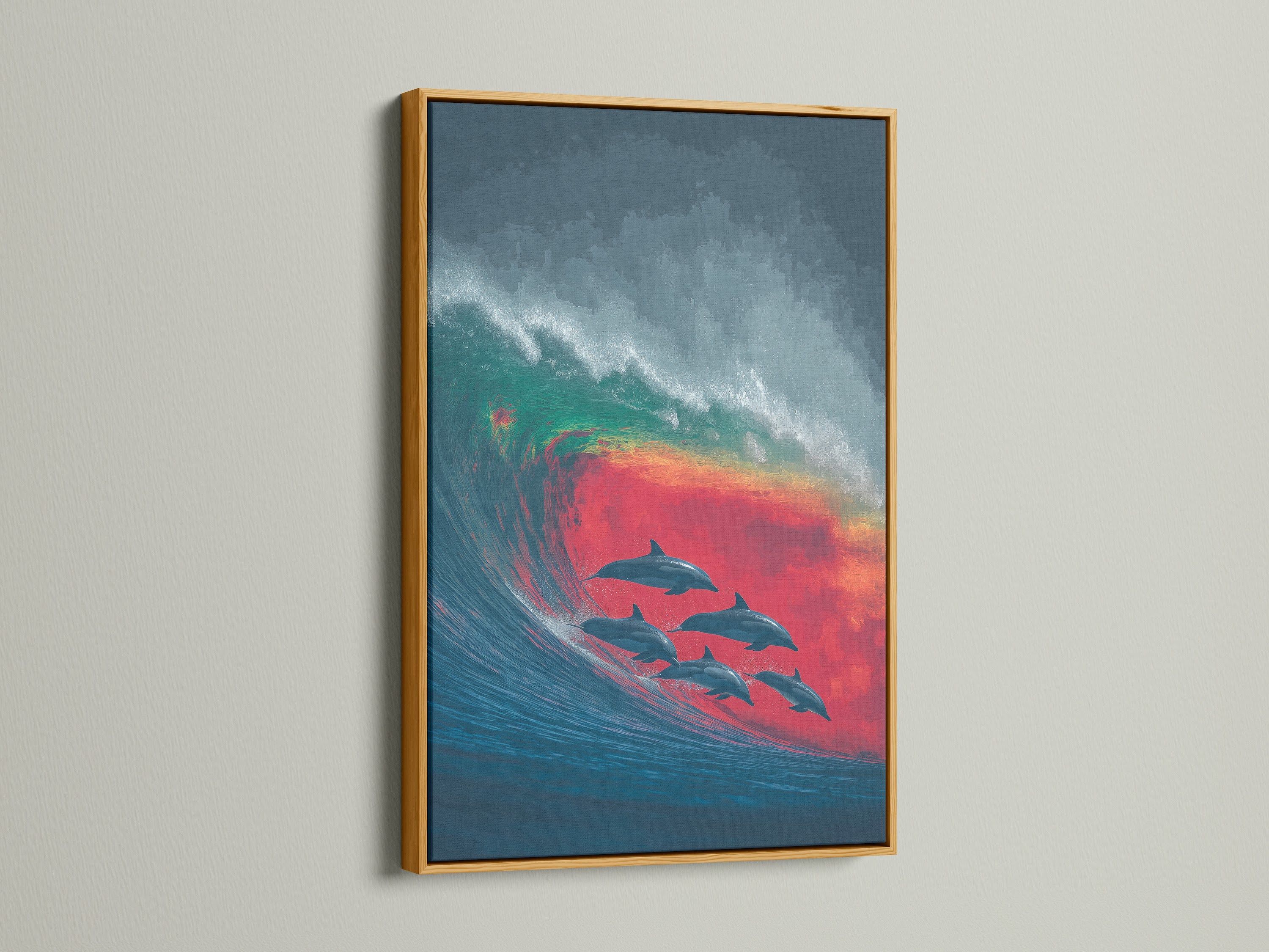 Dolphin Wave canvas print with a gold frame. This seascape print adds elegance to your walls. This ocean canvas is perfect for spas or coastal boutiques. The wave print creates a serene atmosphere.