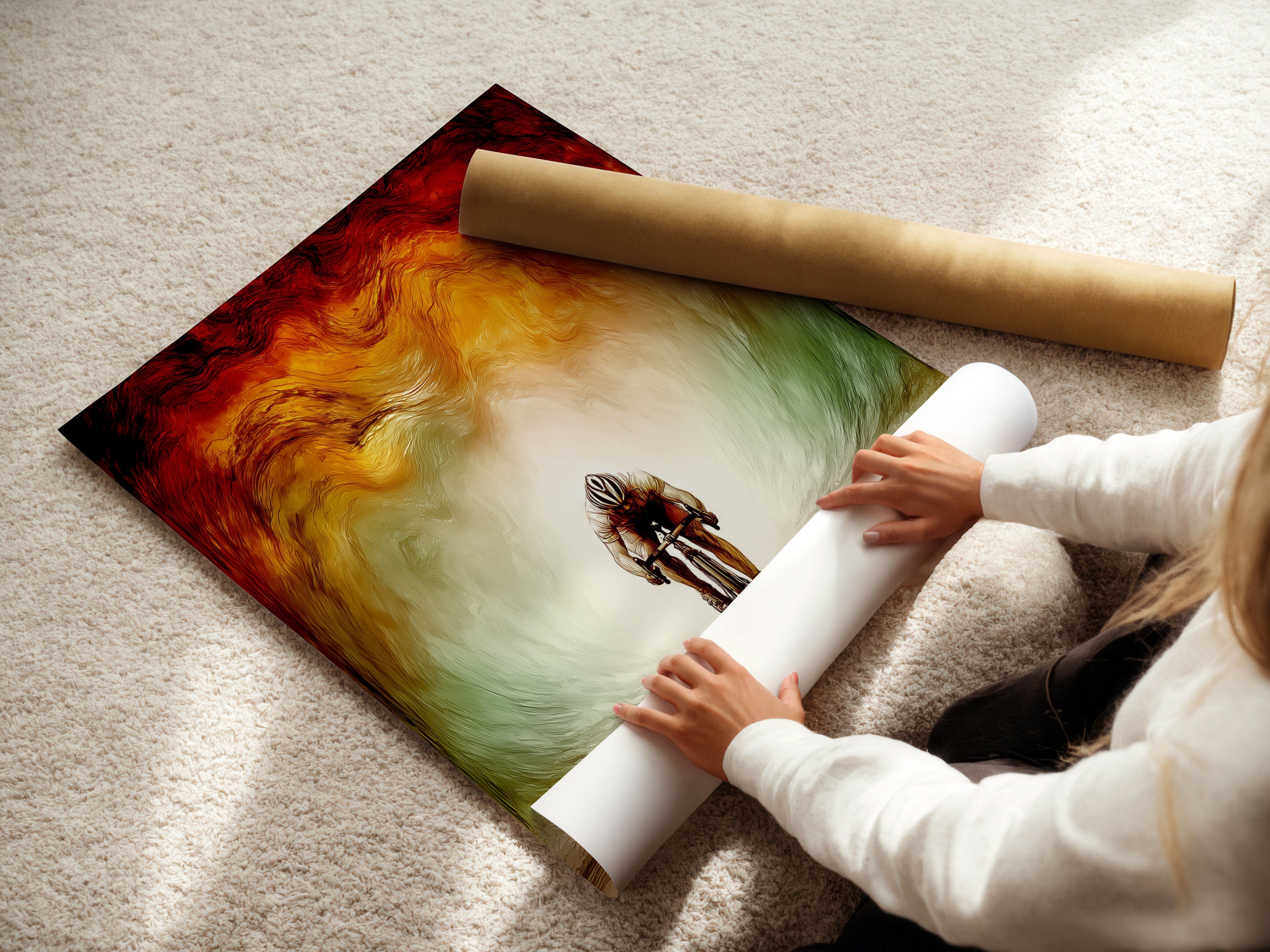 A woman rolls fine art poster paper. High-quality materials ensure your art looks its best. Fine art paper enhances the colors and details. Perfect for cyclist gifts. This paper is ideal for modern artwork prints.