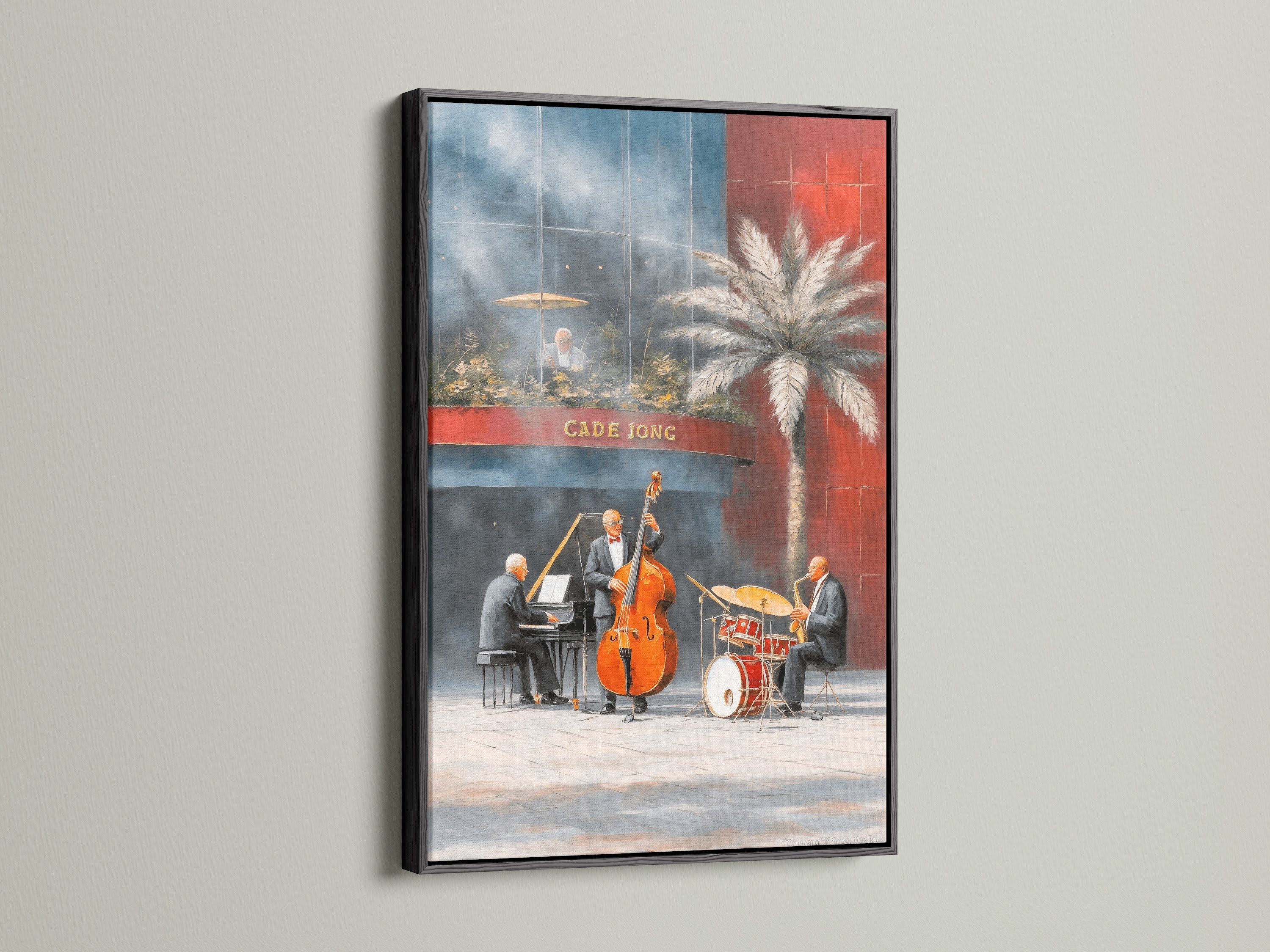 The black frame adds a sleek contrast to this jazz band artwork. The New Orleans music canvas print enhances any retro-themed space. This vintage wall art is perfect for a jazz club decor. Ideal for bar owners and music enthusiasts. Consider this musical artwork today.