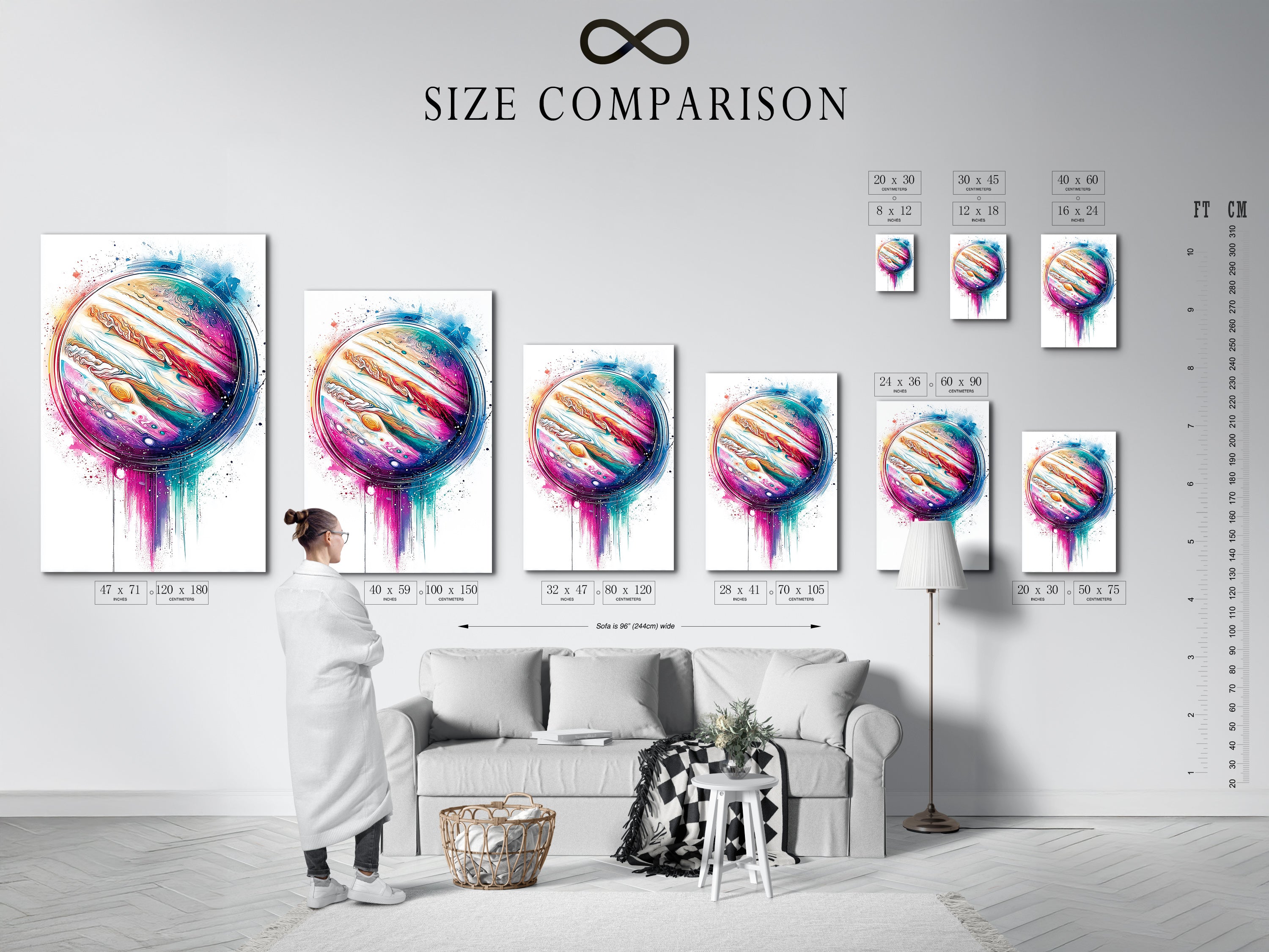 Size comparison chart in interior for Jupiter Abstract Canvas Print. A modern celestial artwork. The colorful planet wall art is perfect cosmic decor. See available sizes to fit your space.
