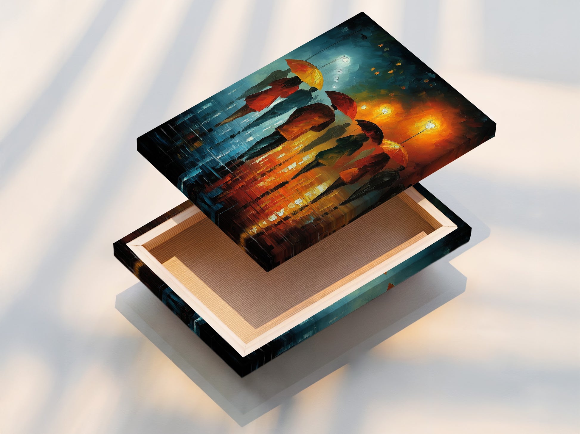 A stretched canvas print of the rainy city walk art. The artwork is ready to hang and adds a modern touch to any room. The figures with umbrellas create an inviting urban scene. Perfect for contemporary wall decor.