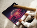 A woman is rolling a fine art poster paper. The paper showcases a celestial moon artwork. It features pink clouds and a dreamy sky. Ideal for modern wall decor. The poster is perfect for adding an ethereal touch to any room.