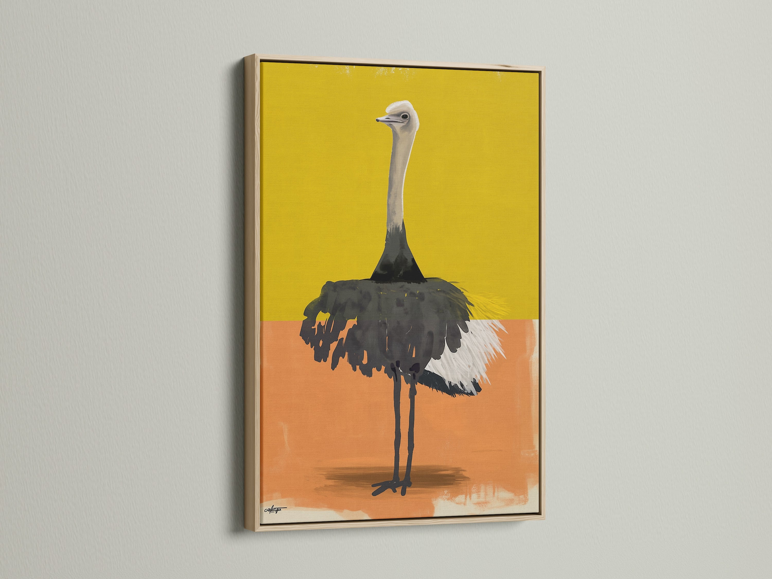 Artwork featuring an ostrich in an oak frame. The oak frame enhances the artwork's natural tones. This frame choice brings warmth to any room. It provides a sophisticated display option for your art.