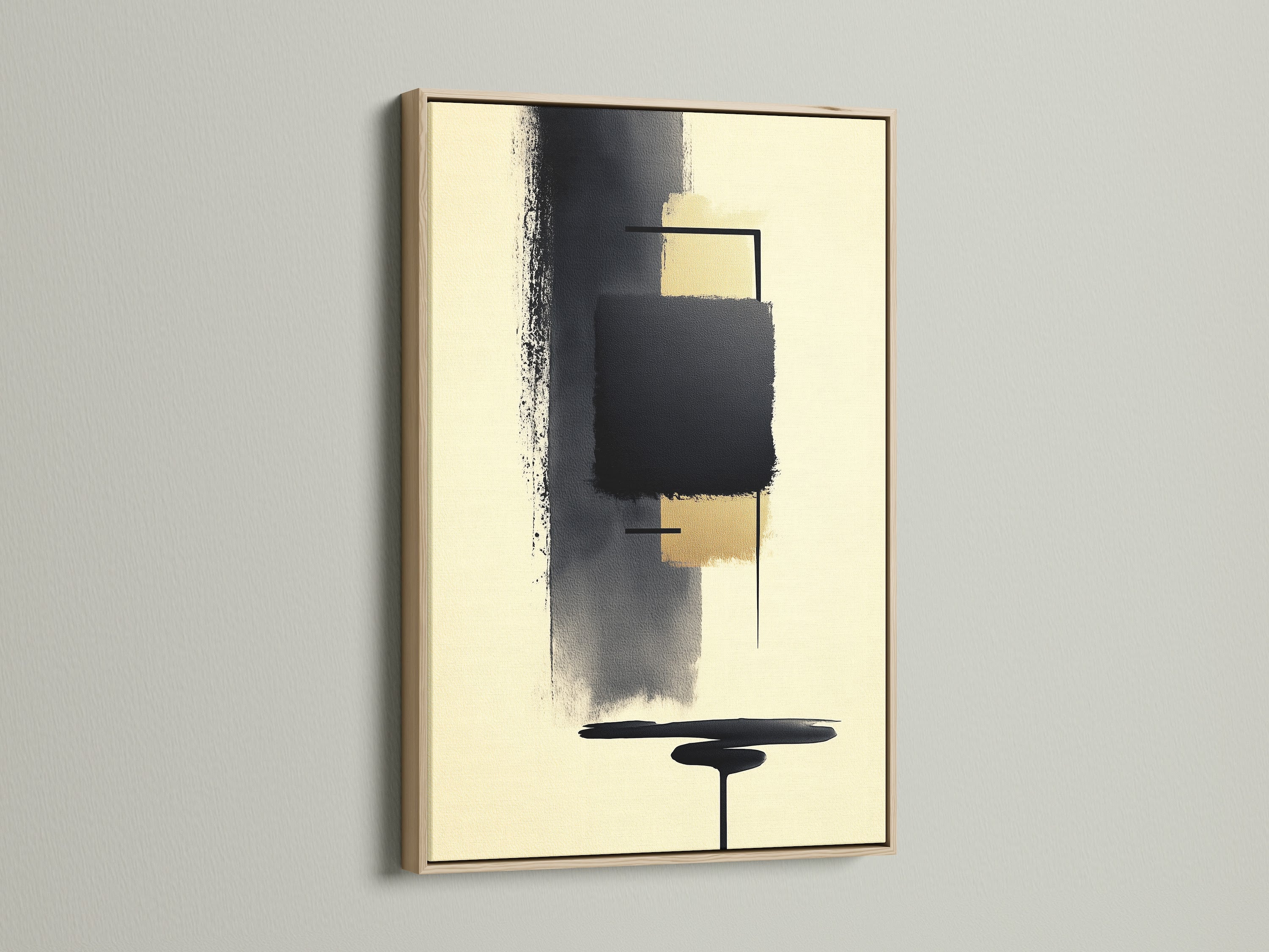 Abstract Shapes Geometric Print in an oak frame. This modern canvas artwork features beige and black colors. Ideal for Scandinavian or minimalist style rooms. Elevate your living room bedroom or office with this neutral art print. A great addition to lobbies and co-working spaces. Find the perfect frame for your artwork.