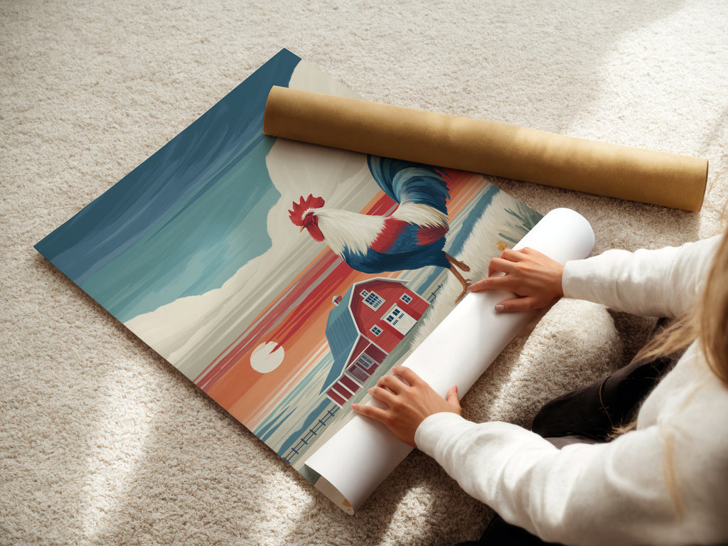 A woman is carefully rolling a fine art poster paper. The paper features a rustic rooster and barn landscape. This high-quality print is perfect for farmhouse decor. The art adds a touch of country charm to any space. Order yours today.