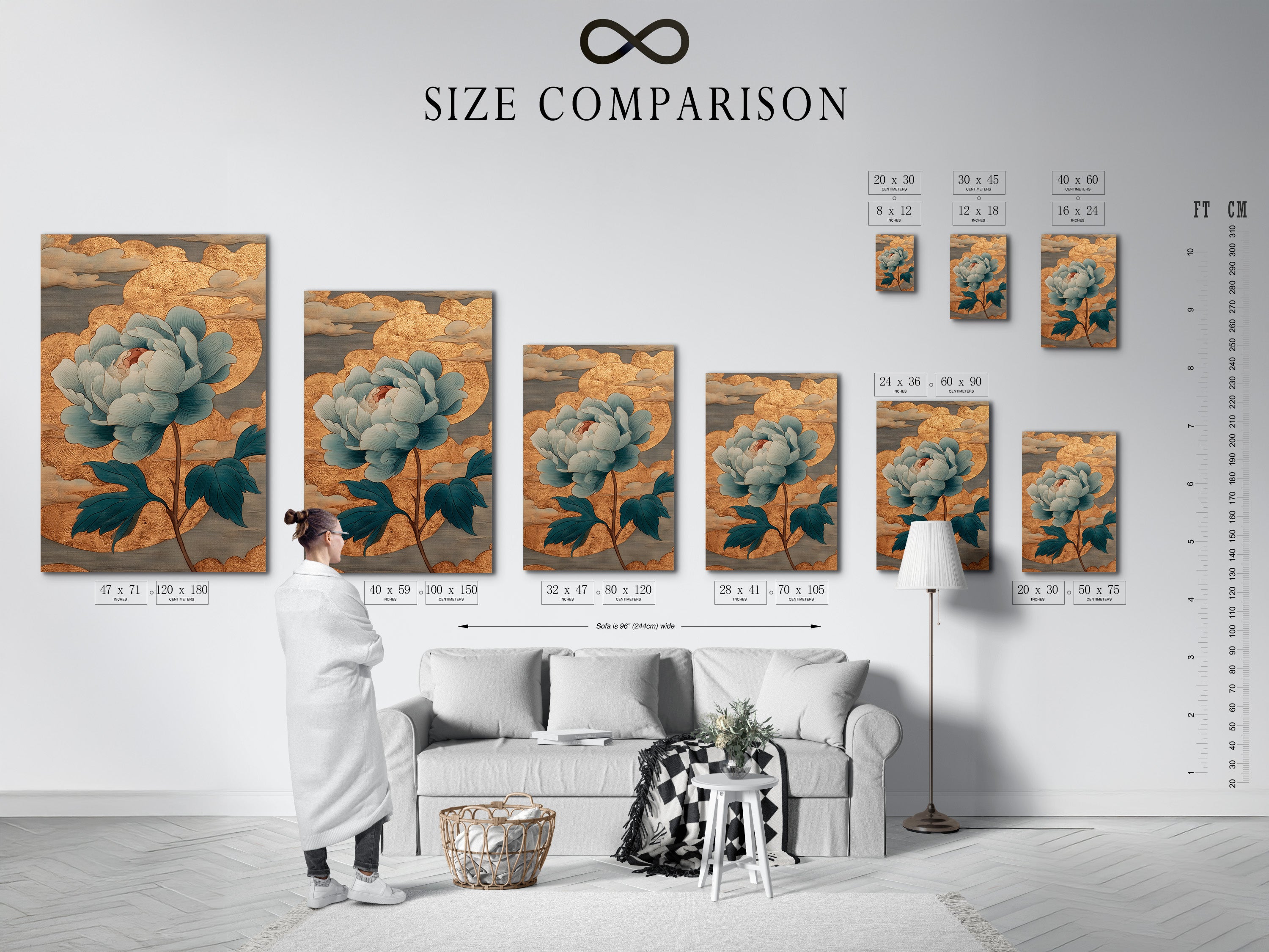 Size comparison chart displayed in an interior setting. See how different sizes of artwork look in a room. The chart helps you choose the perfect size for your space. Visualize art in your home before you buy. Find the ideal artwork dimensions.