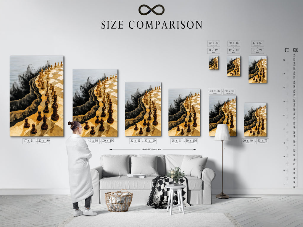 Refer to the size comparison chart in an interior setting. This helps you visualize the chess art in your space. Choose the perfect size to create a stunning focal point with this abstract game wall art today. Shop now