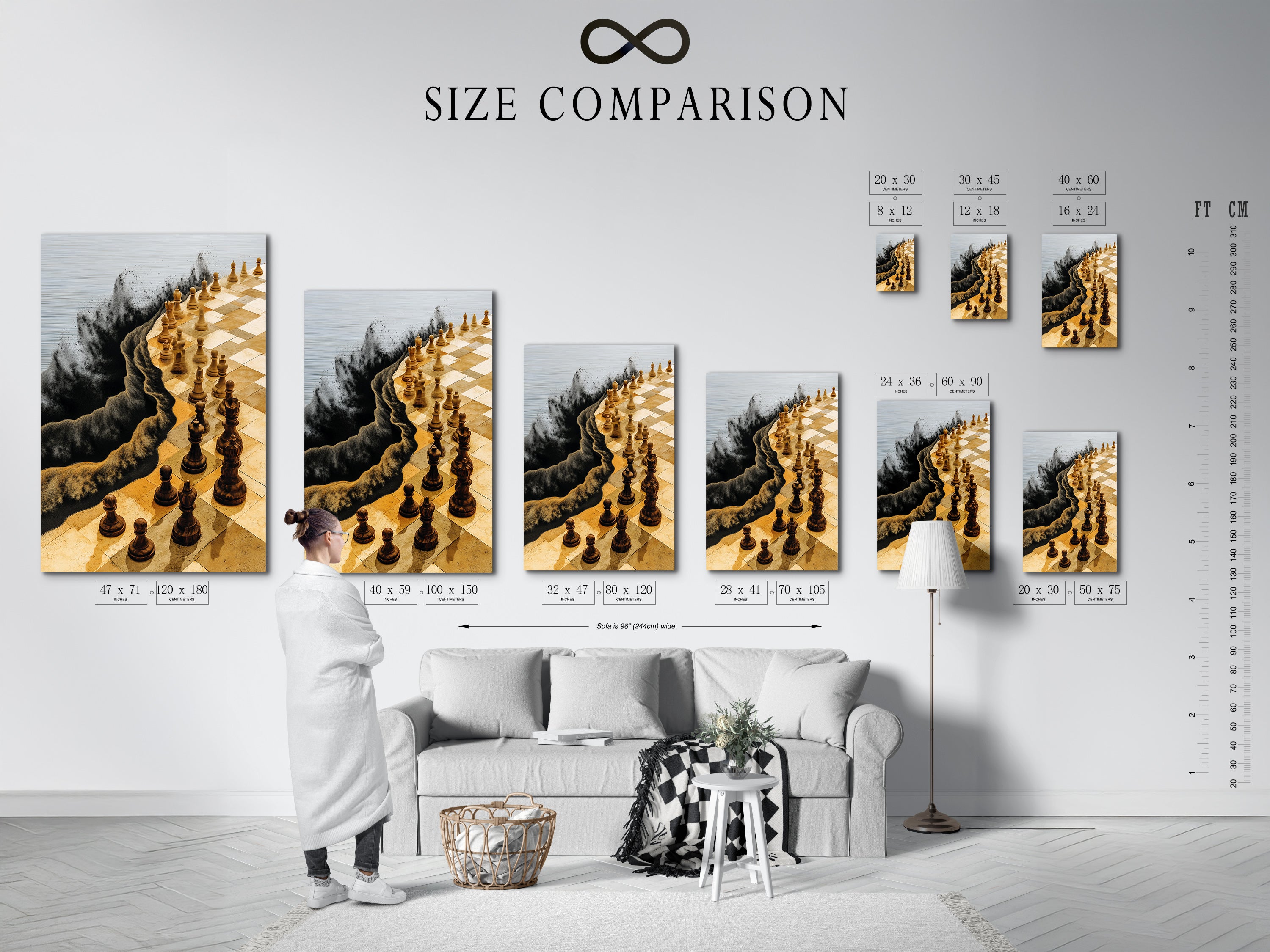 Refer to the size comparison chart in an interior setting. This helps you visualize the chess art in your space. Choose the perfect size to create a stunning focal point with this abstract game wall art today. Shop now