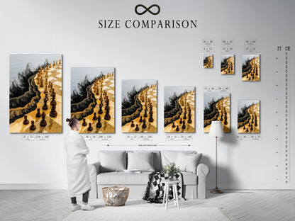 Refer to the size comparison chart in an interior setting. This helps you visualize the chess art in your space. Choose the perfect size to create a stunning focal point with this abstract game wall art today. Shop now