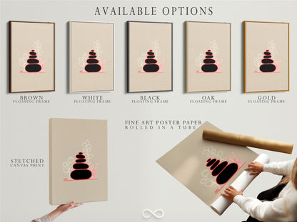 Available options for Zen Stone artwork are displayed. Choose from stretched canvas print fine art poster paper or a floating frame. This minimalist art adapts to your style. Perfect for spa decor or yoga studio enhancements. Explore the possibilities of beige artwork.