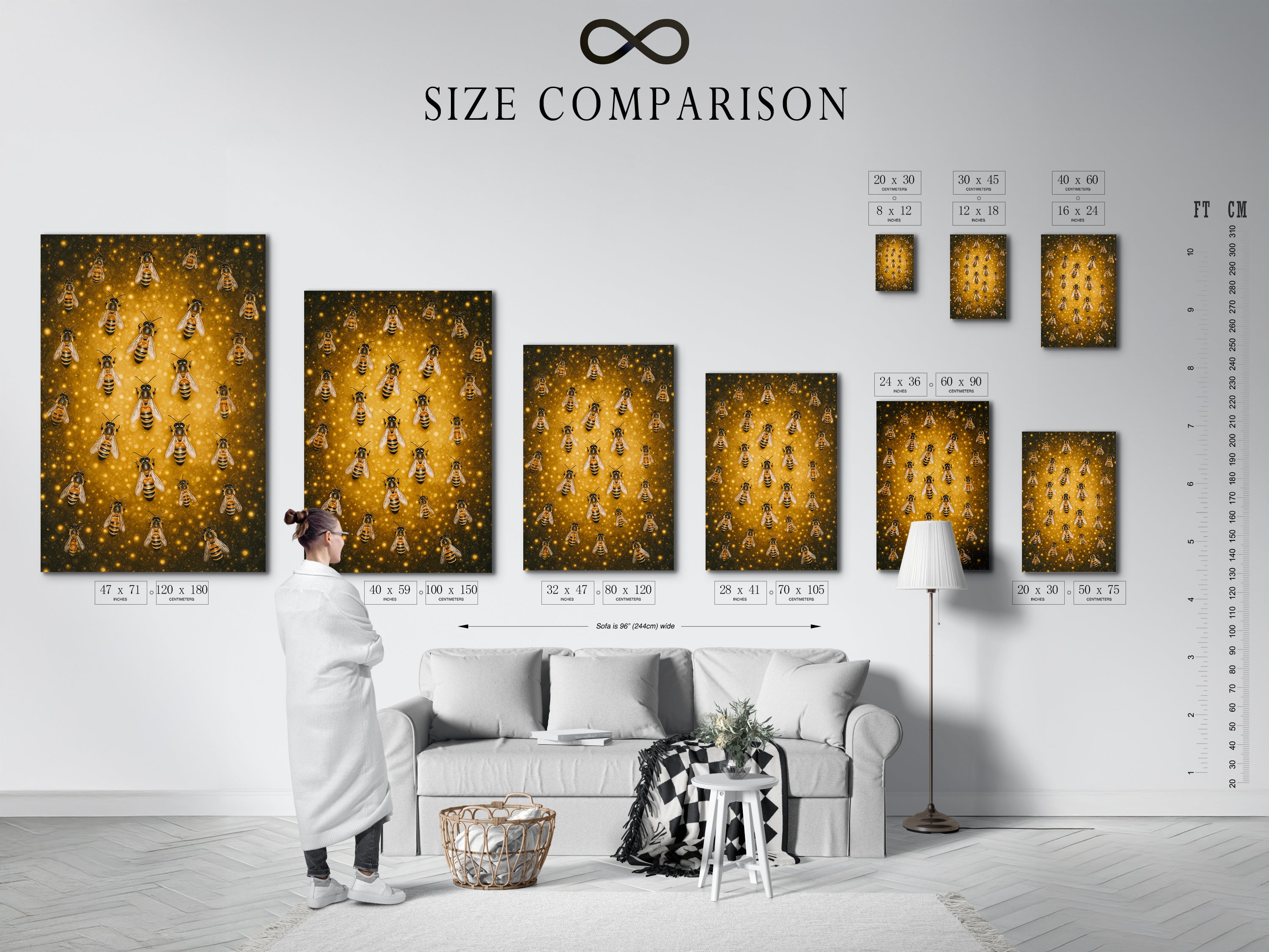 A size comparison chart is displayed in an interior setting. This chart helps you visualize the artwork in different sizes. Choose the perfect size for your space. Ensure your artwork fits seamlessly with your decor.