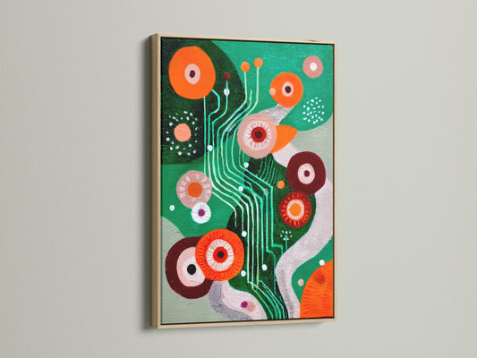 This image showcases a modern abstract canvas art piece. The retro geometric wall art is set in a beautiful oak frame. This colorful mid-century print adds style to any room. It's perfect for modern art enthusiasts seeking office decor.
