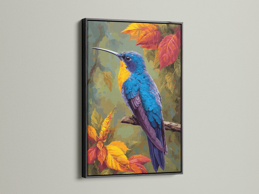 A sleek black frame displays a stunning bird art print. The artwork features a vibrant hummingbird. The black frame offers a classic and sophisticated touch. It creates a bold contrast with the artwork. Enhance your space with this timeless framed art piece.