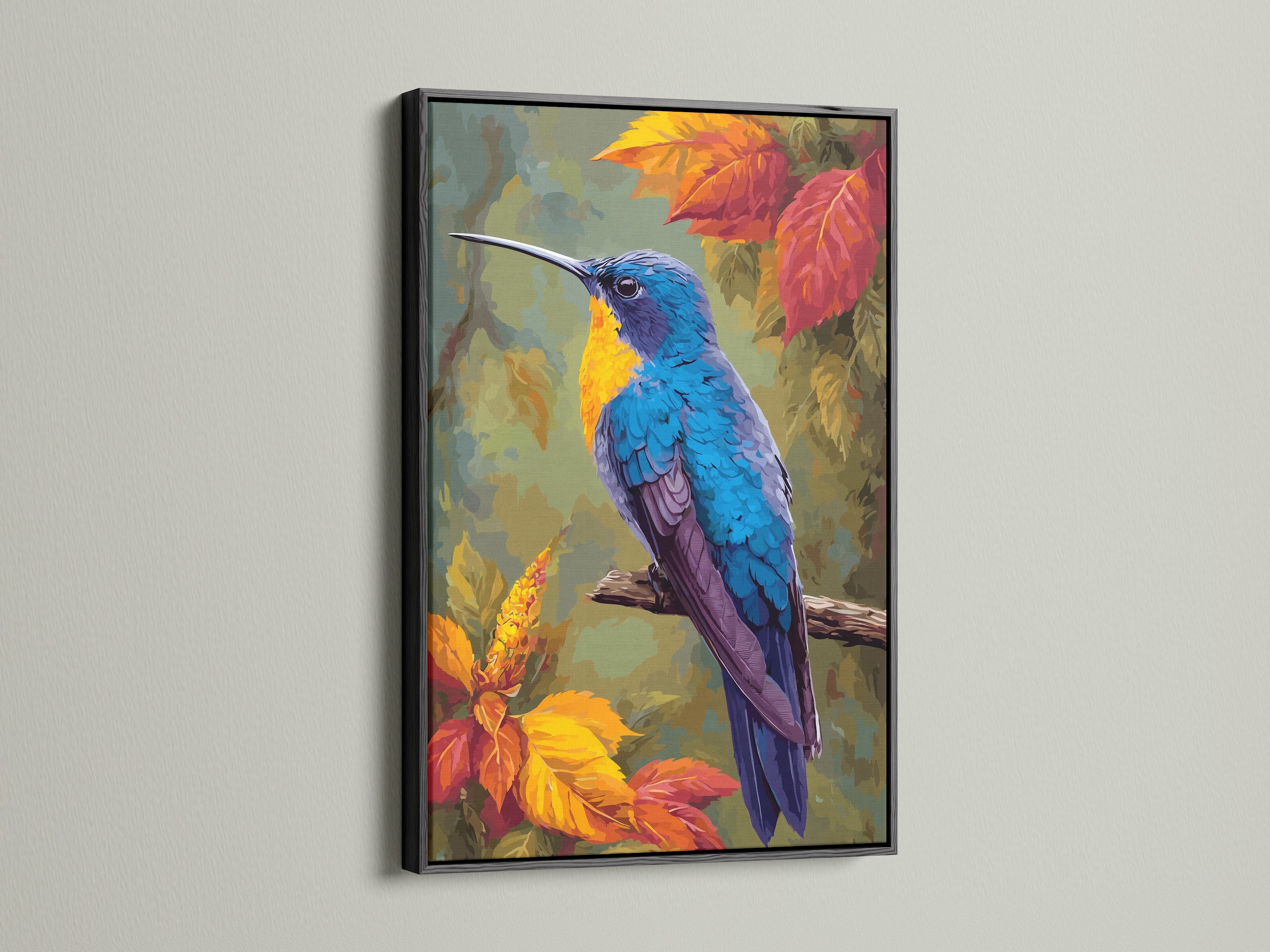 A sleek black frame displays a stunning bird art print. The artwork features a vibrant hummingbird. The black frame offers a classic and sophisticated touch. It creates a bold contrast with the artwork. Enhance your space with this timeless framed art piece.