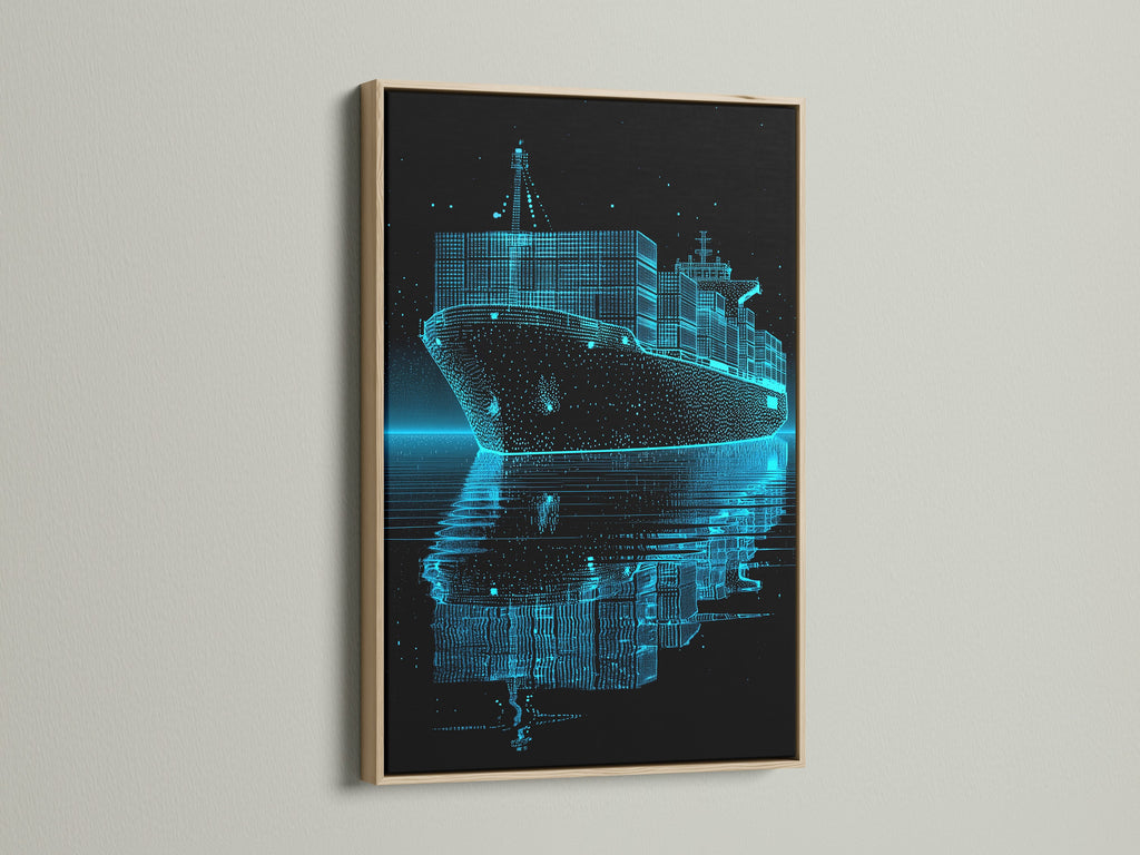 Artwork featuring a container ship with a captivating light blue line art effect. See the oak frame enhancing the artwork's visual appeal. The oak frame adds a touch of natural warmth and sophistication. This frame beautifully complements the artwork's cool tones and modern subject matter.