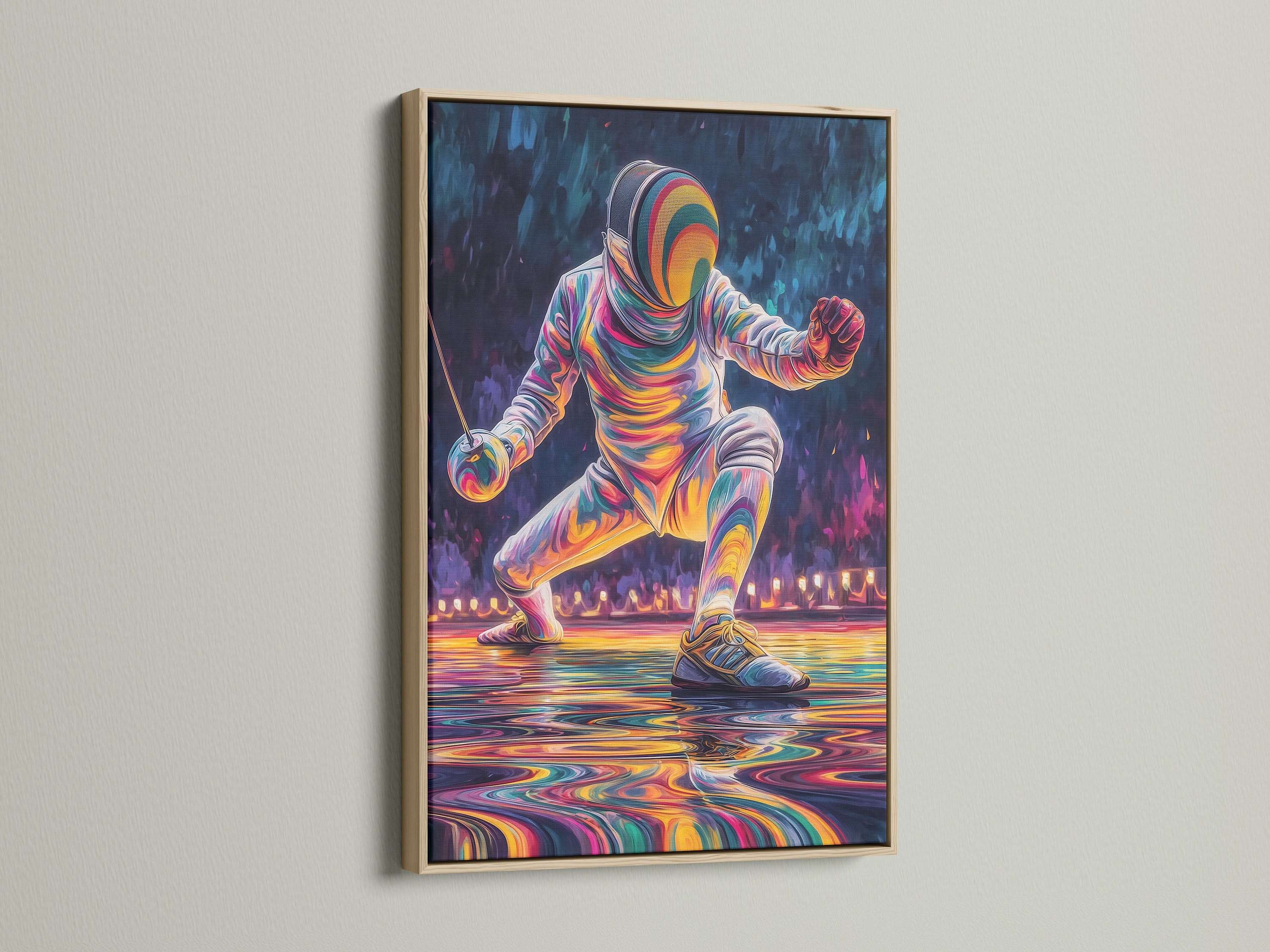 The colorful abstract fencer artwork is showcased in a stylish oak frame. This sport canvas adds a touch of modern art to your space. It is perfect for fitness enthusiasts and gym decor. The oak frame enhances the artwork's vibrant colors.