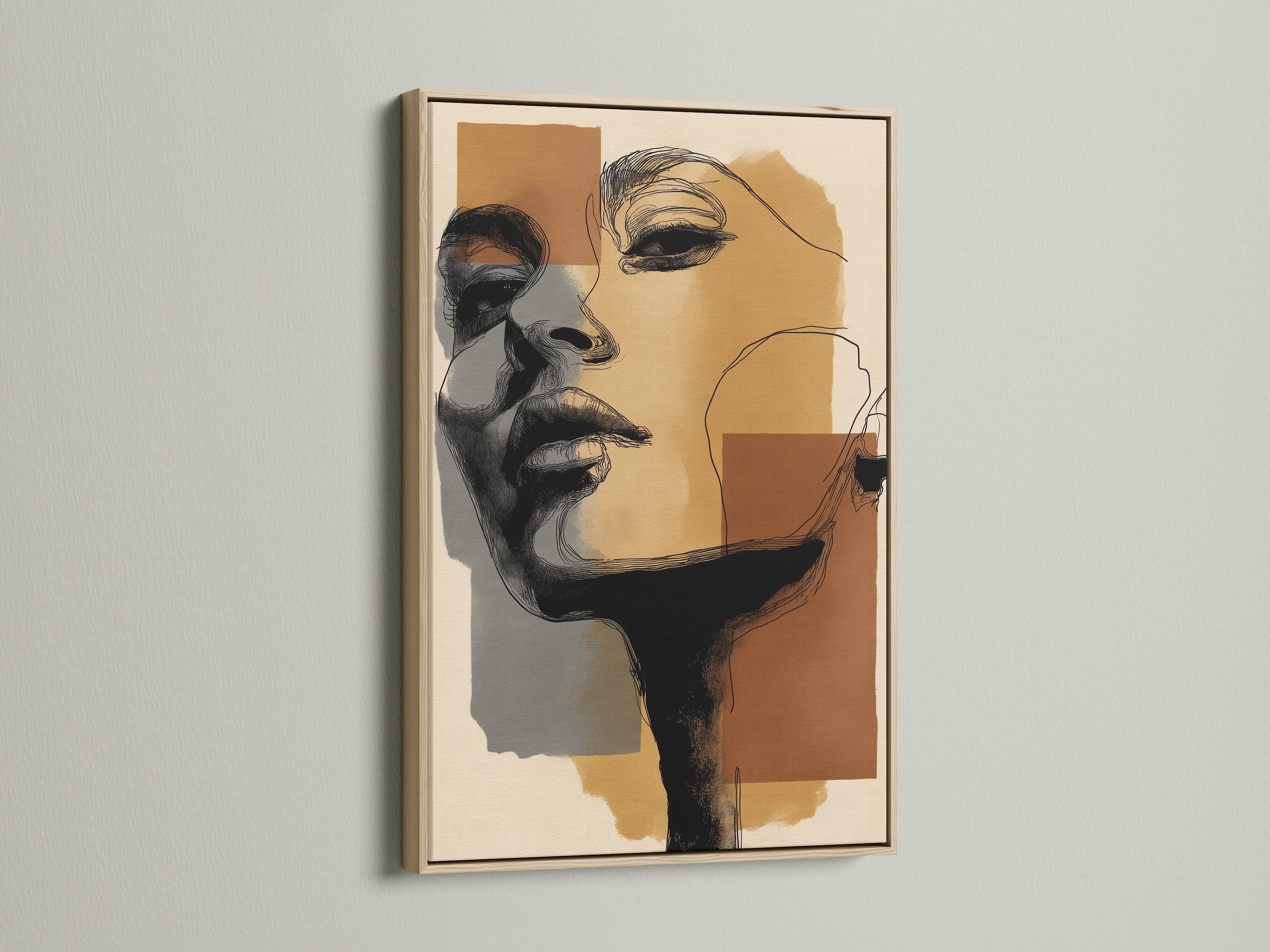 An oak frame showcases an abstract portrait canvas print. The modern wall art features a minimalist face drawing. This piece enhances bedroom decor with contemporary style. Neutral and earthy tones.