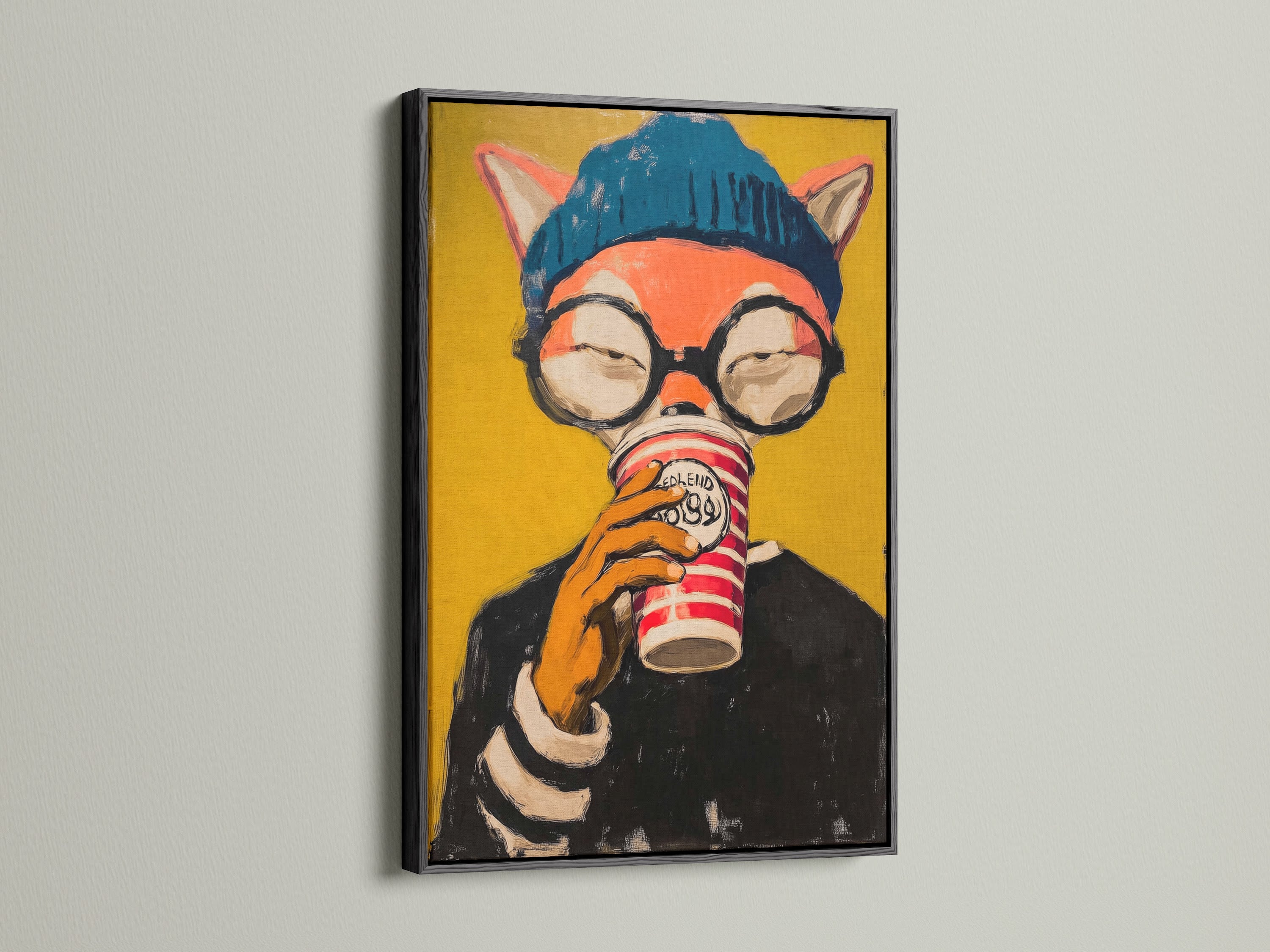 See a hipster fox artwork framed in sleek black. This modern animal art is ideal for adding a contemporary touch to any space. Great wall decor for living rooms offices or studios. The black frame provides a bold contrast to the artwork.