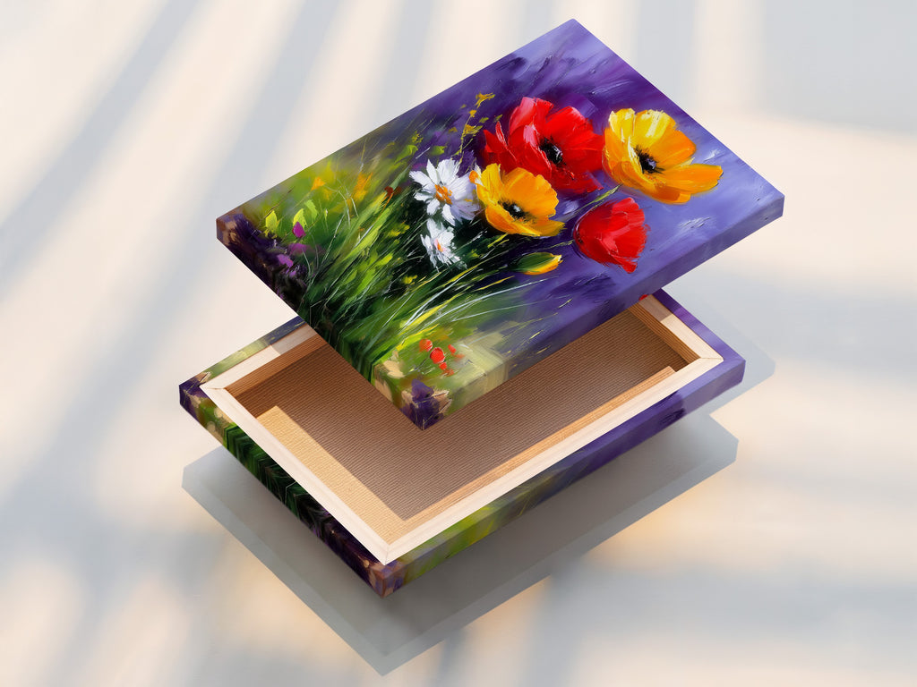 A stretched canvas print of a floral art piece. The vibrant colors and textures of the artwork are beautifully displayed. The stretched canvas provides a ready-to-hang option. It brings art to life.