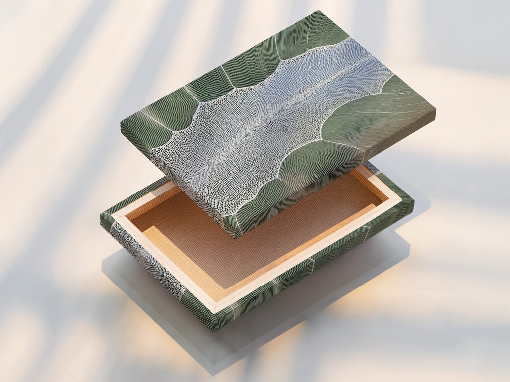 Sage green abstract botanical canvas print—soft contrast on dark brown walls