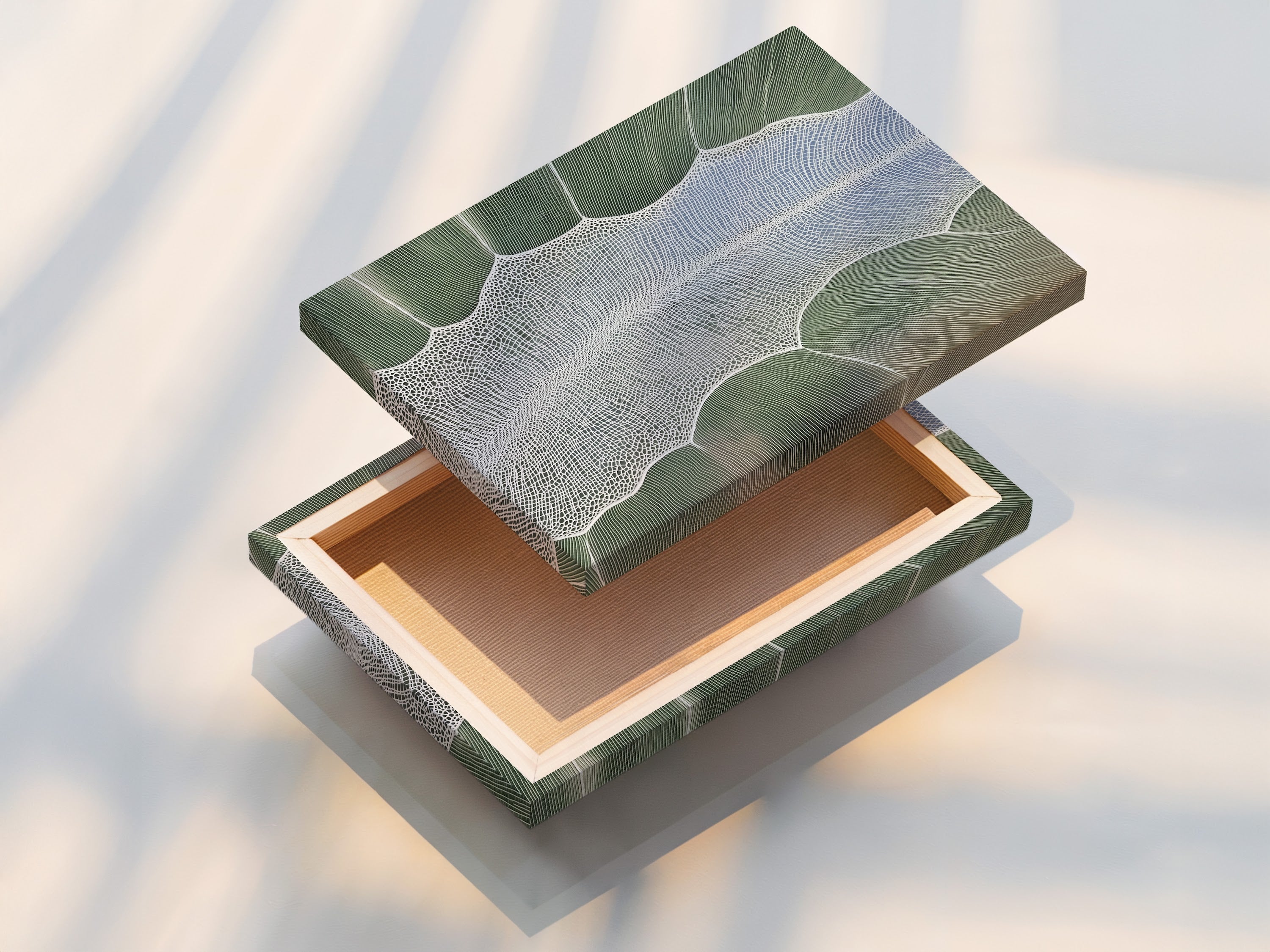 This is a stretched canvas print. The artwork features an abstract tree with sage green tones. It is ready to hang. This contemporary style enhances any space with a touch of nature.