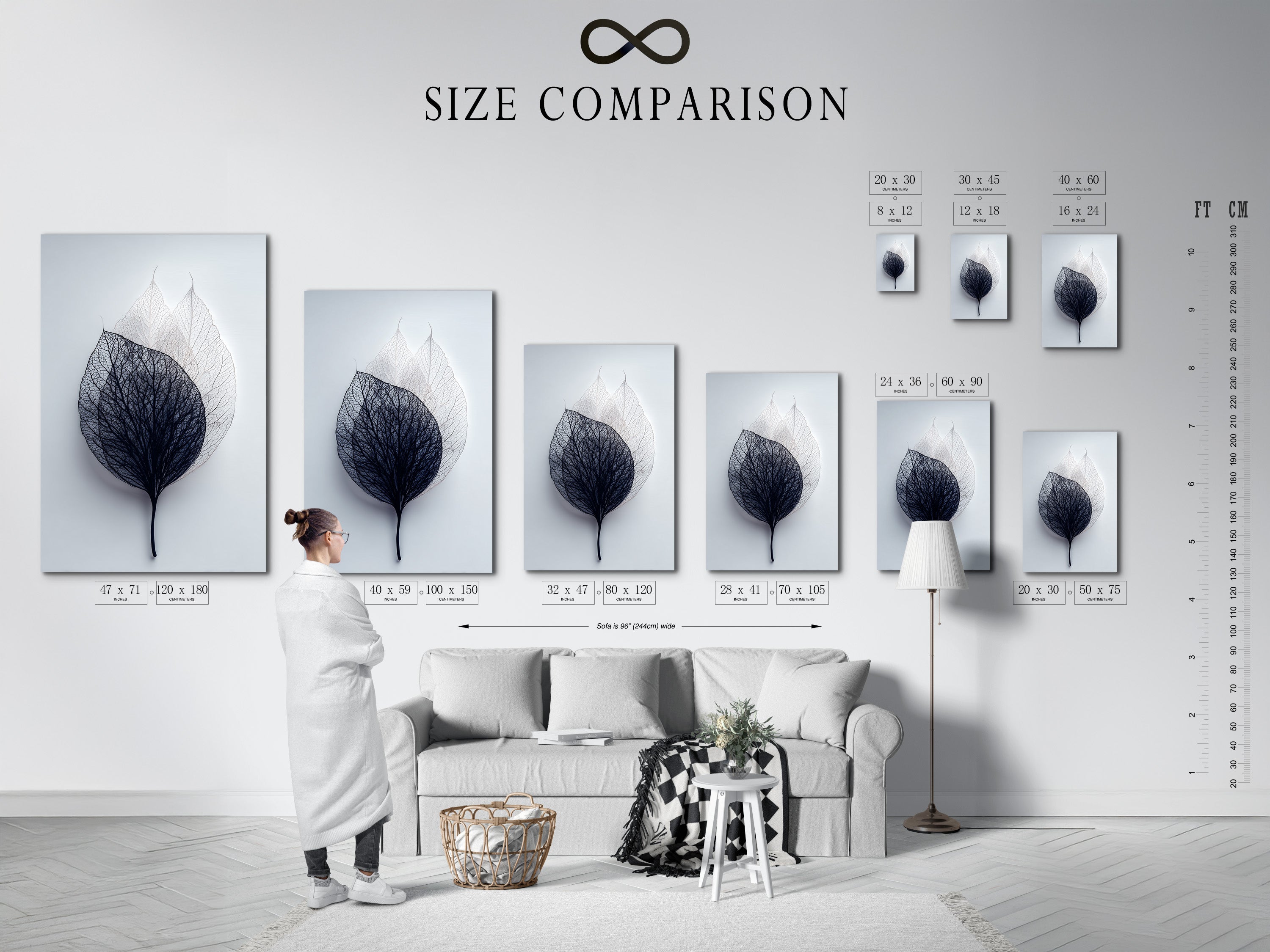 An interior setting features a size comparison chart. This chart helps visualize artwork dimensions. It allows you to choose the perfect size for your space. The chart showcases various sizes in a real-world context. Use our size comparison chart to make informed decisions. Select the ideal artwork size to enhance your decor. See how different sizes look in a room.