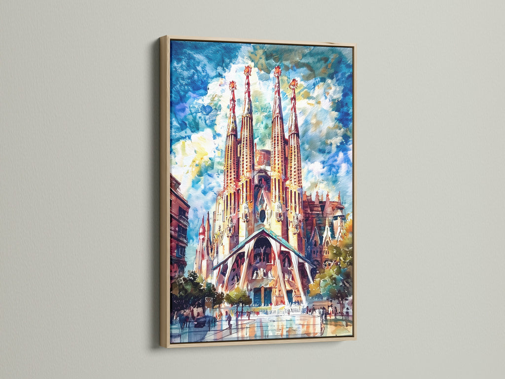Sagrada Familia artwork with an oak frame. This Barcelona wall art brings European charm to your home. A cathedral canvas adds gothic style. Ideal for living room or office art. Bring Spain to your walls.