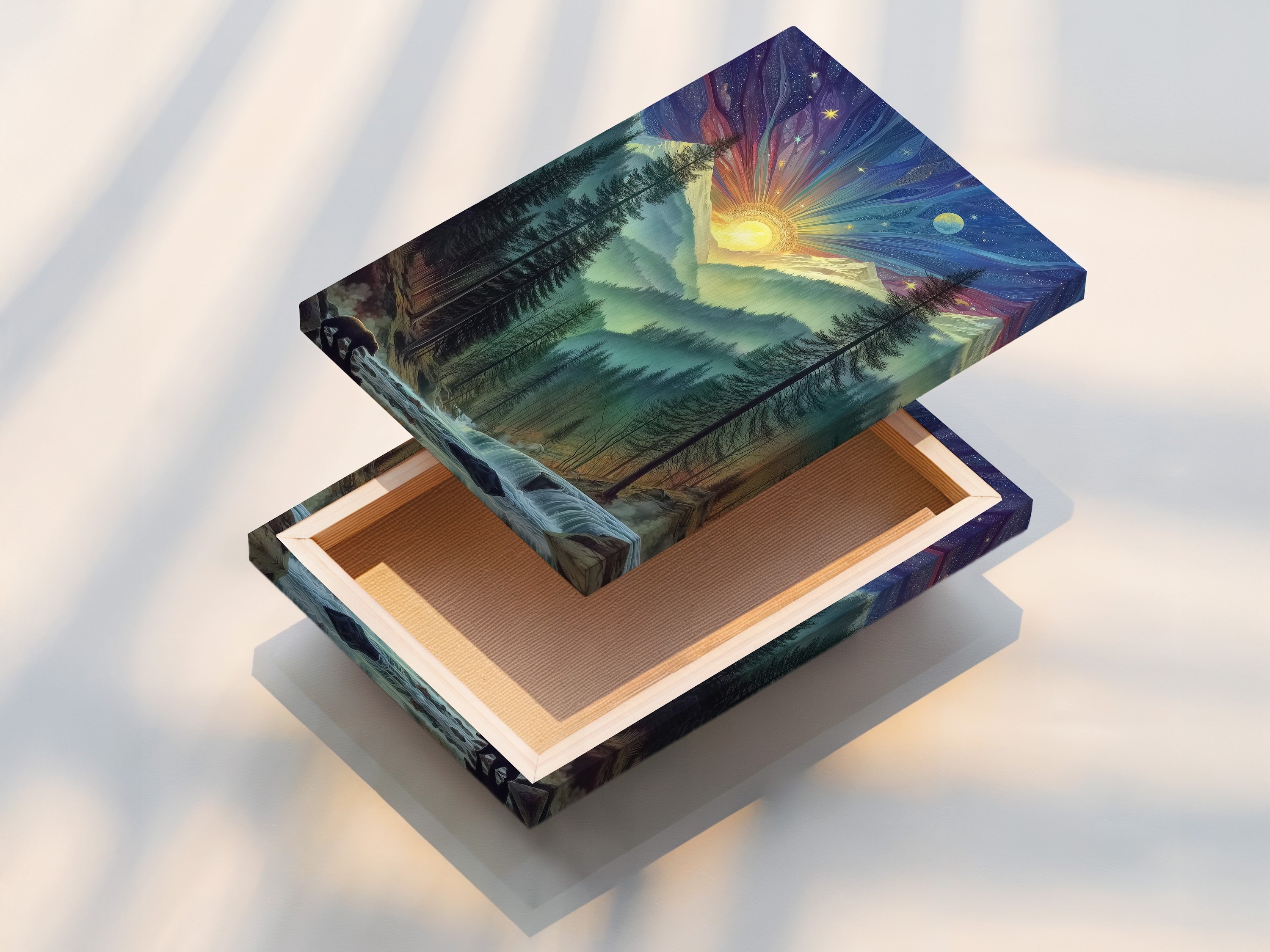 A stretched canvas print ready to hang. The mystical forest art is vibrant and captivating. This cosmic landscape will transform your space. Get ready to enjoy nature indoors.