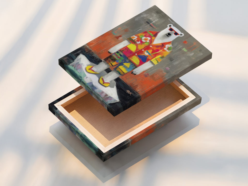 This stretched canvas print showcases a cool polar bear artwork. The quirky animal art features a tropical shirt. This adds a vibrant touch to any wall. This contemporary style artwork is perfect for living rooms or kids rooms.