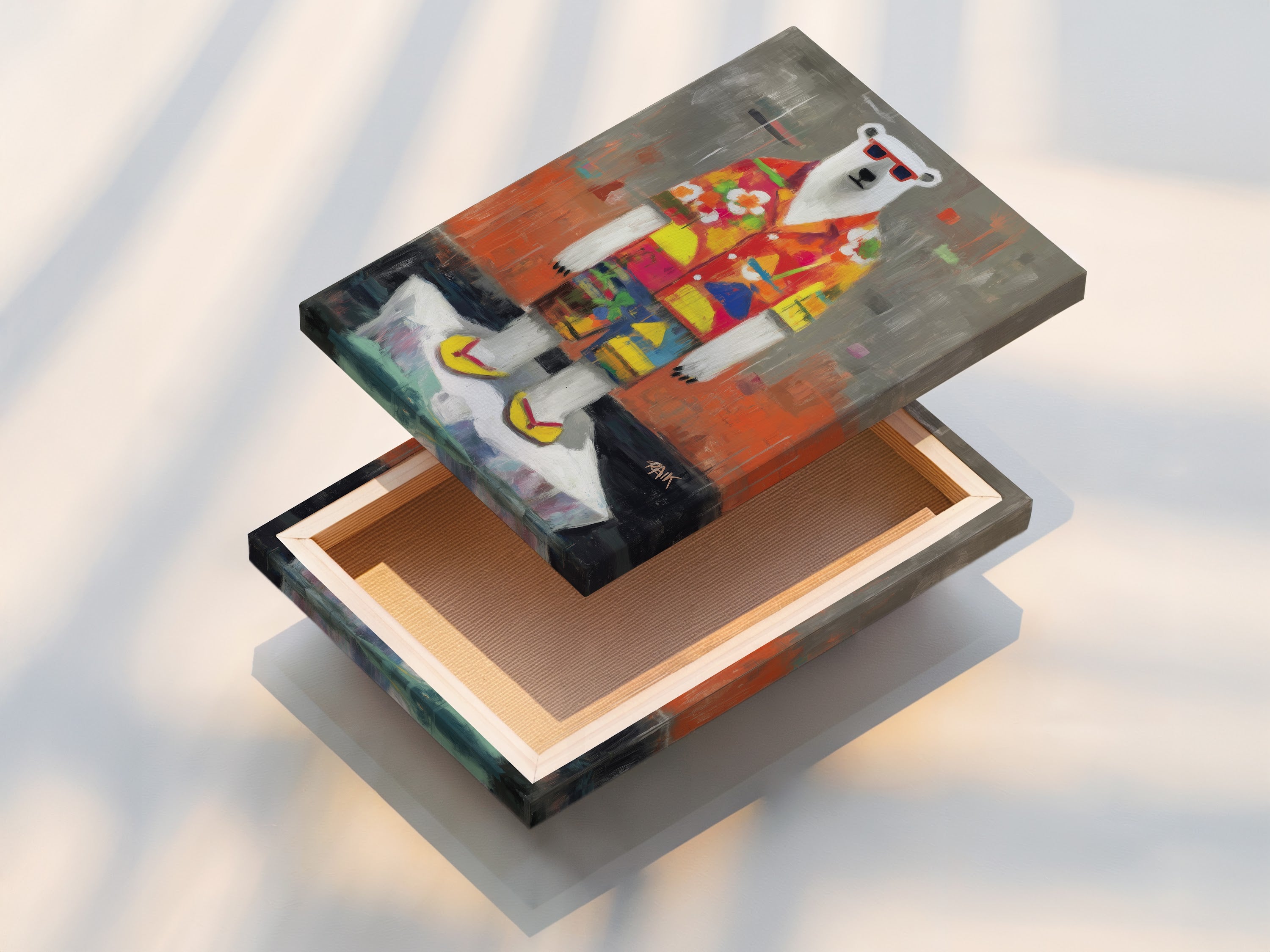 This stretched canvas print showcases a cool polar bear artwork. The quirky animal art features a tropical shirt. This adds a vibrant touch to any wall. This contemporary style artwork is perfect for living rooms or kids rooms.