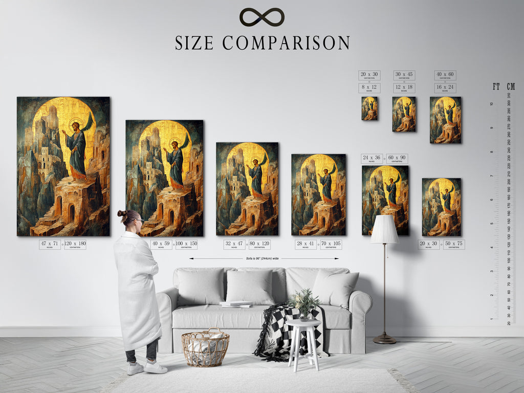 Size comparison chart of the Byzantine Angel Art Print in an interior setting. See how different sizes fit your space. Choose the perfect size for your religious artwork. Find the ideal Orthodox Christian Canvas Print for your home.