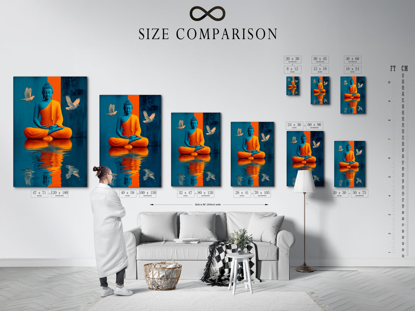 Explore our size comparison chart in an interior setting. See how our Buddha artwork fits perfectly in your space. Visualize the impact of our canvas prints and posters. Choose the ideal size to enhance your home decor. Find the perfect piece for your zen or meditation space.