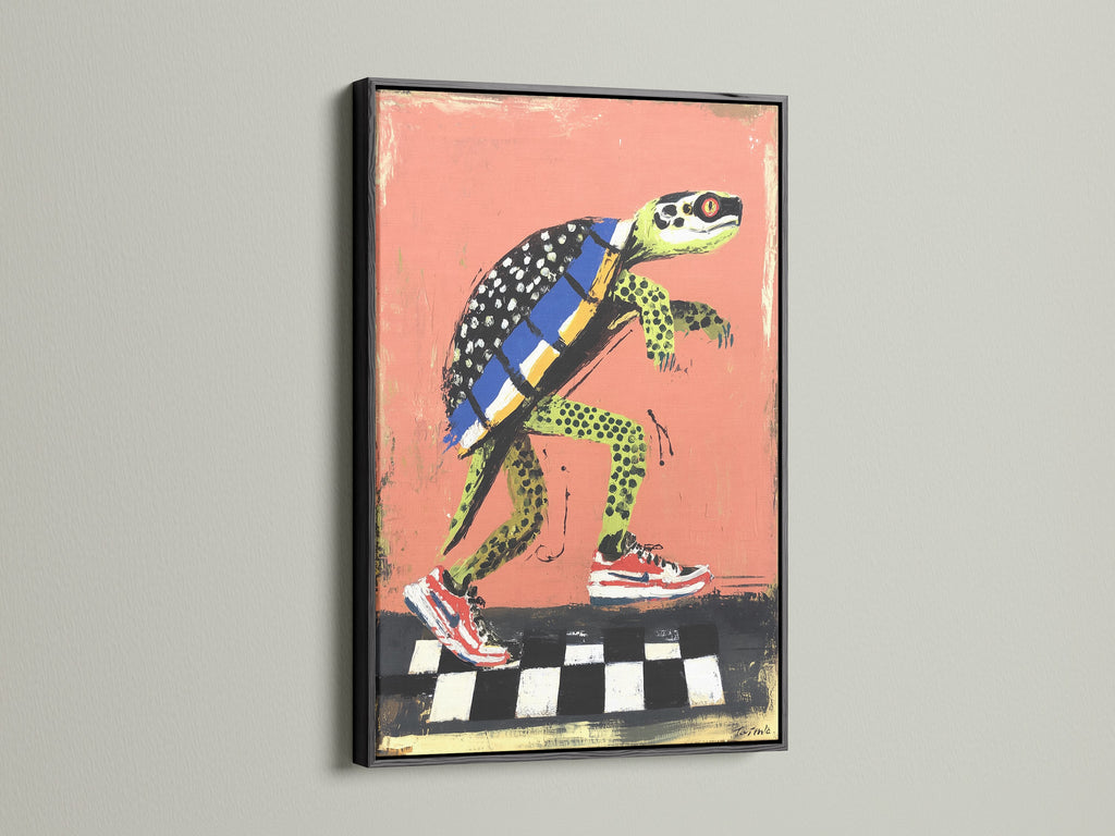 Turtle skateboard art print in a sleek black frame. This cool animal artwork adds a modern touch to any wall. The black frame enhances the playful urban aesthetic. It's ideal for teen bedroom decor or a funky garage wall. A perfect addition to any contemporary space.