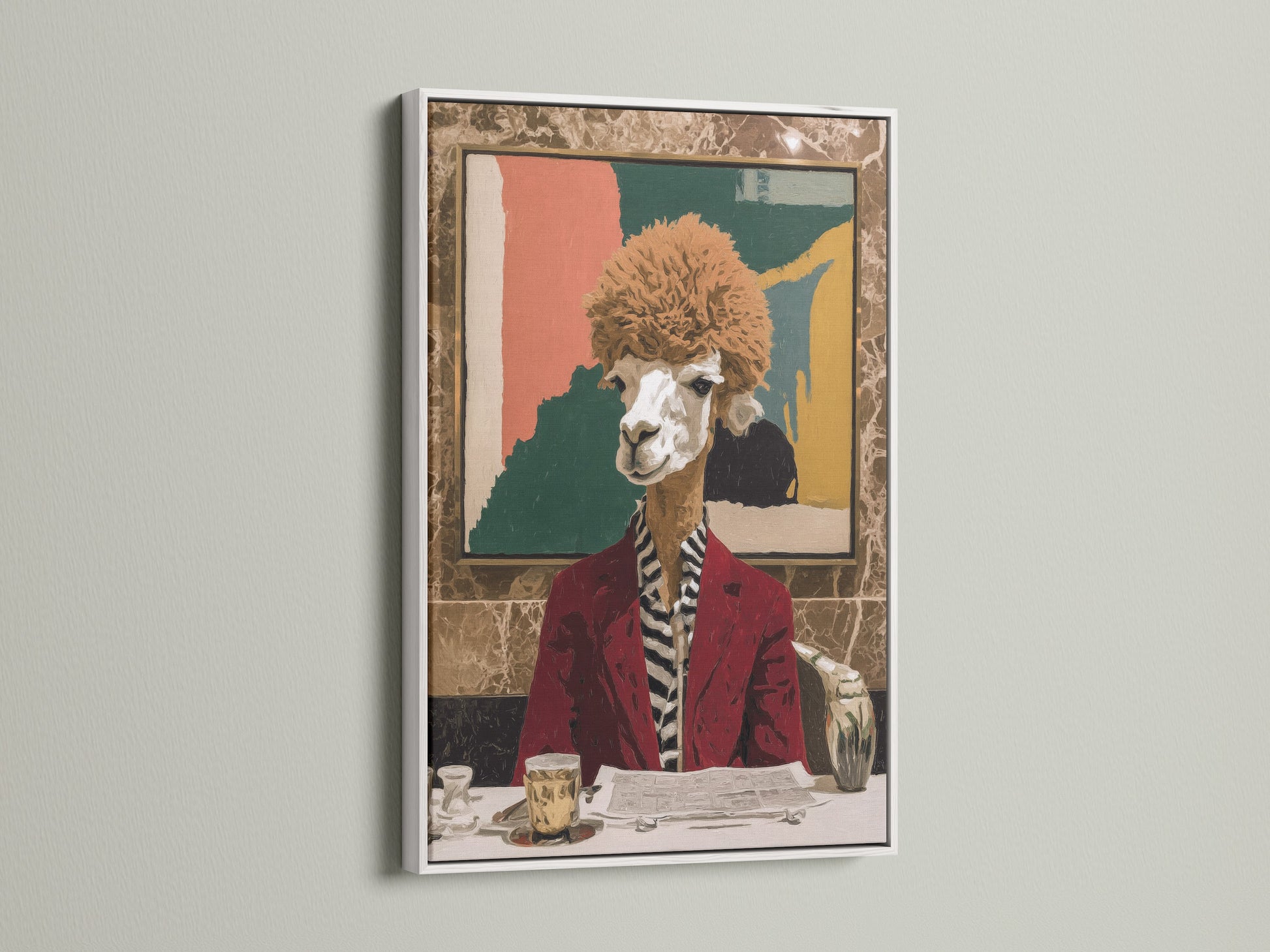 A white frame enhances the quirky llama art print. It is a whimsical animal portrait for modern spaces. This vintage style adds a touch of humor. Llama wall decor is perfect for any room.