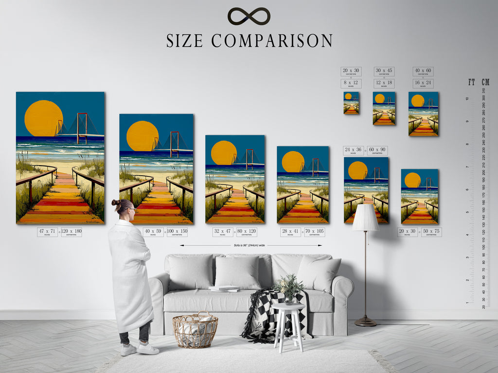 A size comparison chart in an interior setting. The chart shows various sizes of beach wall art prints. See how different sizes fit into your space. Choose the perfect coastal canvas art for your home decor needs.