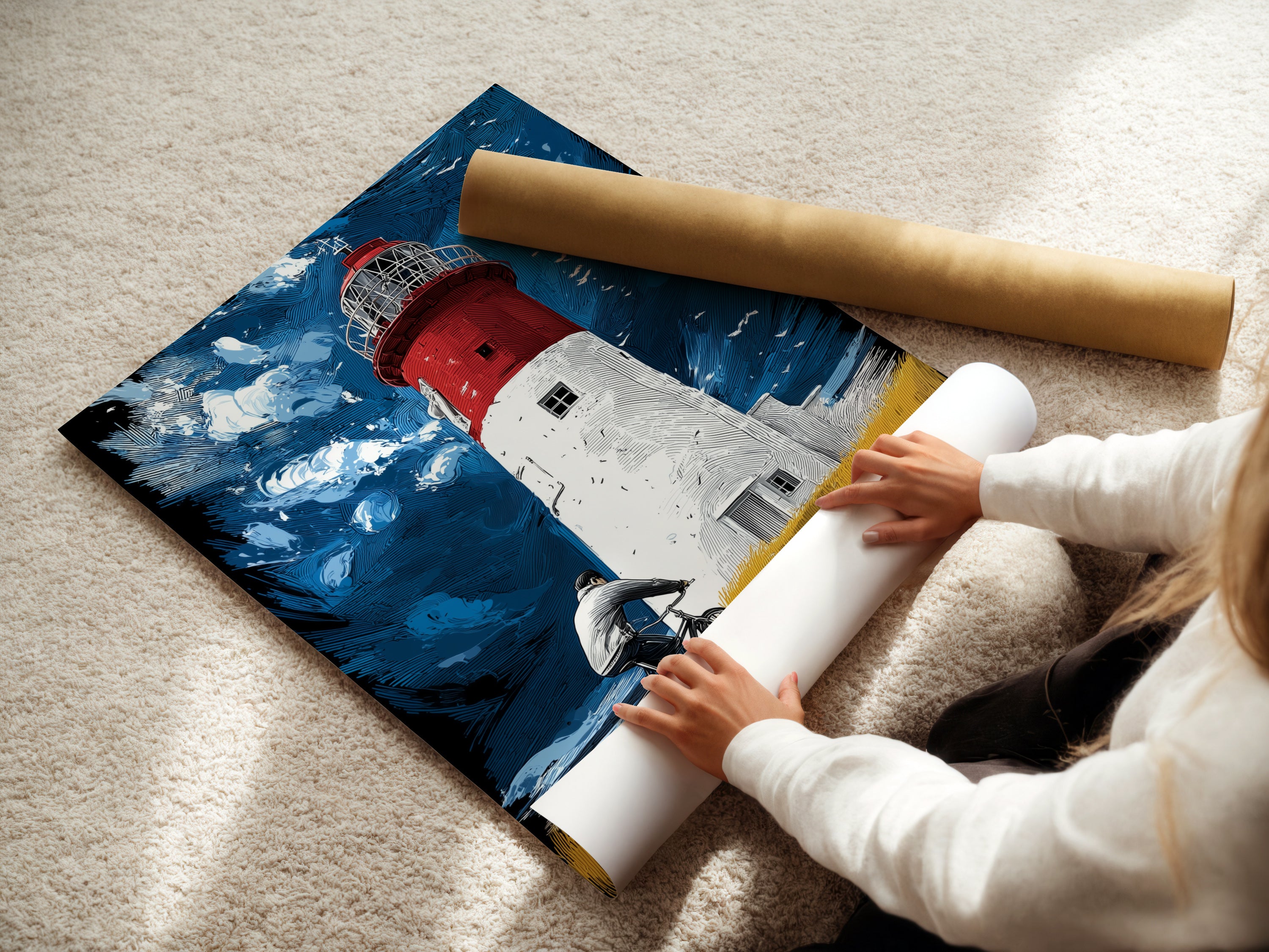 A woman carefully rolls a fine art poster paper. This ensures the nautical artwork is perfect. High quality fine art paper enhances the details of the coastal artwork. Enjoy superior quality.