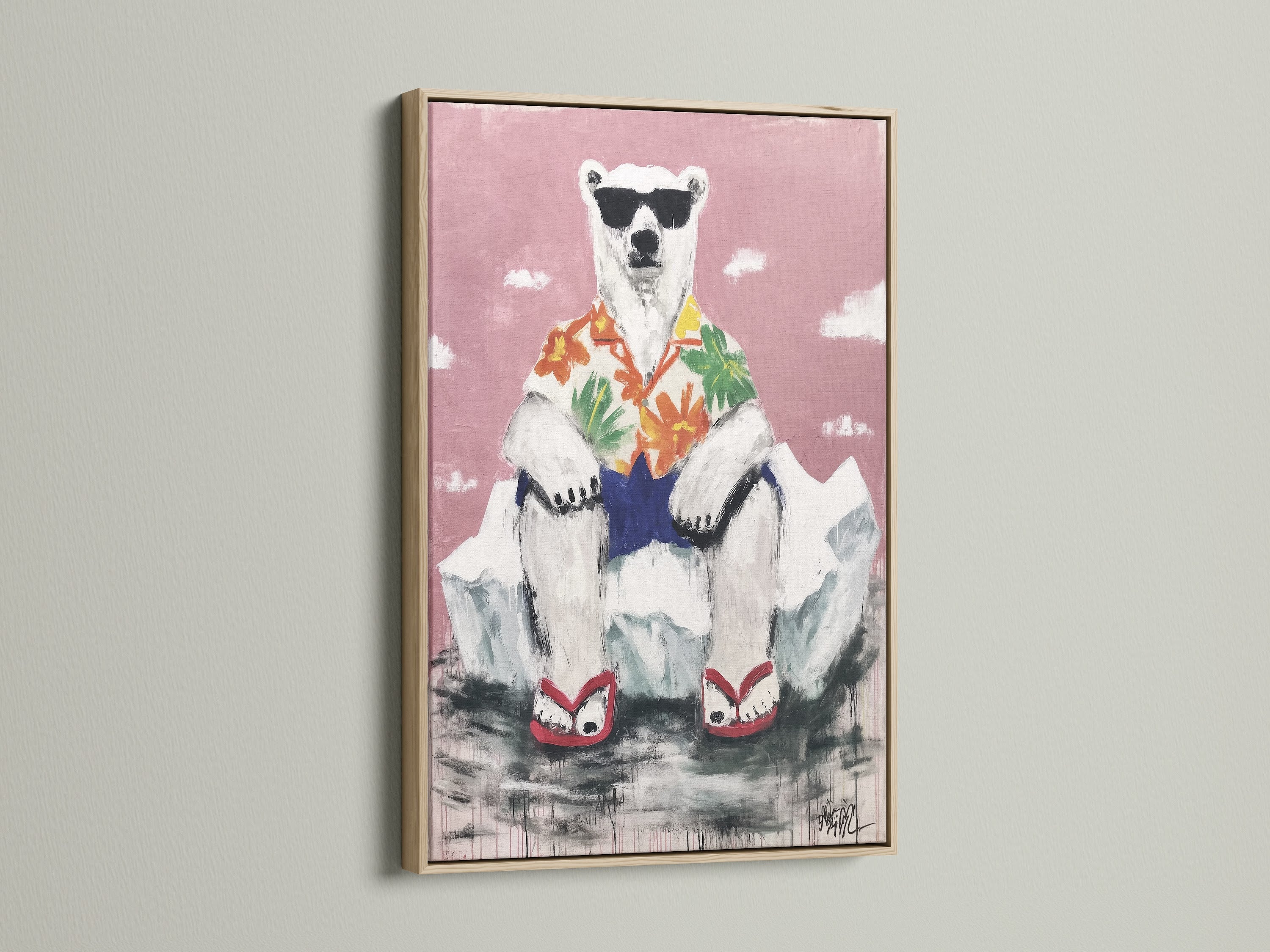 A cool polar bear artwork in an oak frame. This funny animal print adds tropical vibes to any space. Ideal for kids room decor or playful animal art. This artwork brings summer to your walls.