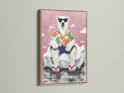 A cool polar bear artwork in an oak frame. This funny animal print adds tropical vibes to any space. Ideal for kids room decor or playful animal art. This artwork brings summer to your walls.