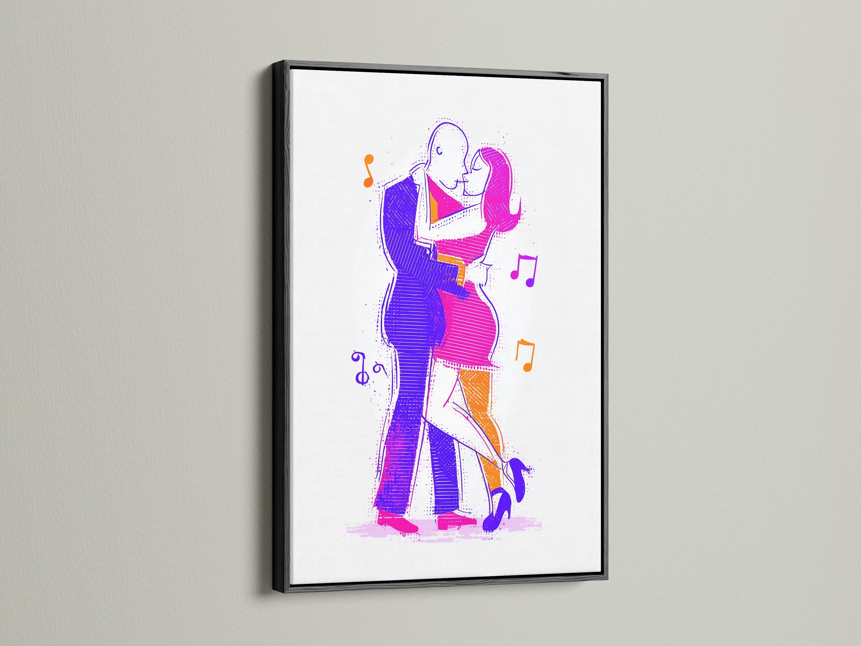 Dancing couple art is elegantly framed in black. The abstract figures create a striking contrast. This modern line art enhances home decor. It's a perfect gift for dancers. The artwork brings a sophisticated touch to any room.
