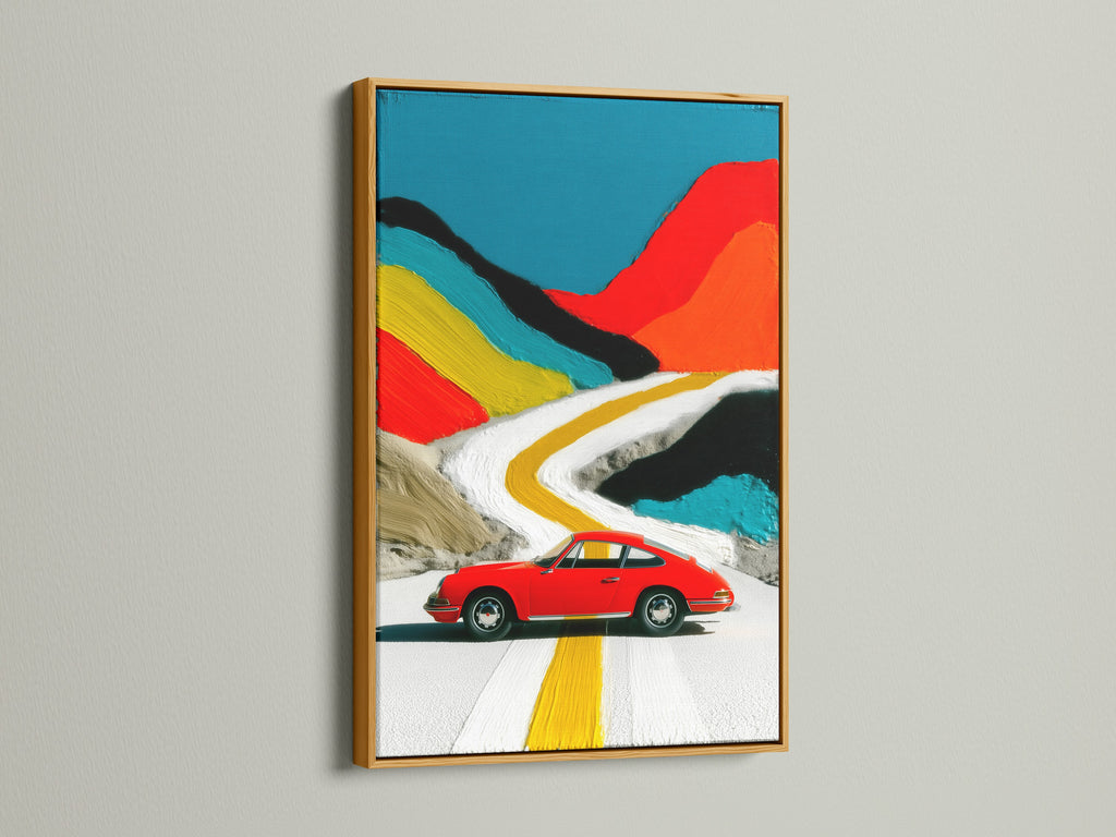 See vintage car art displayed in a gold frame. This artwork includes a vibrant abstract road art piece. Add a touch of mid-century modern to your decor. Perfect for a car enthusiast gift.