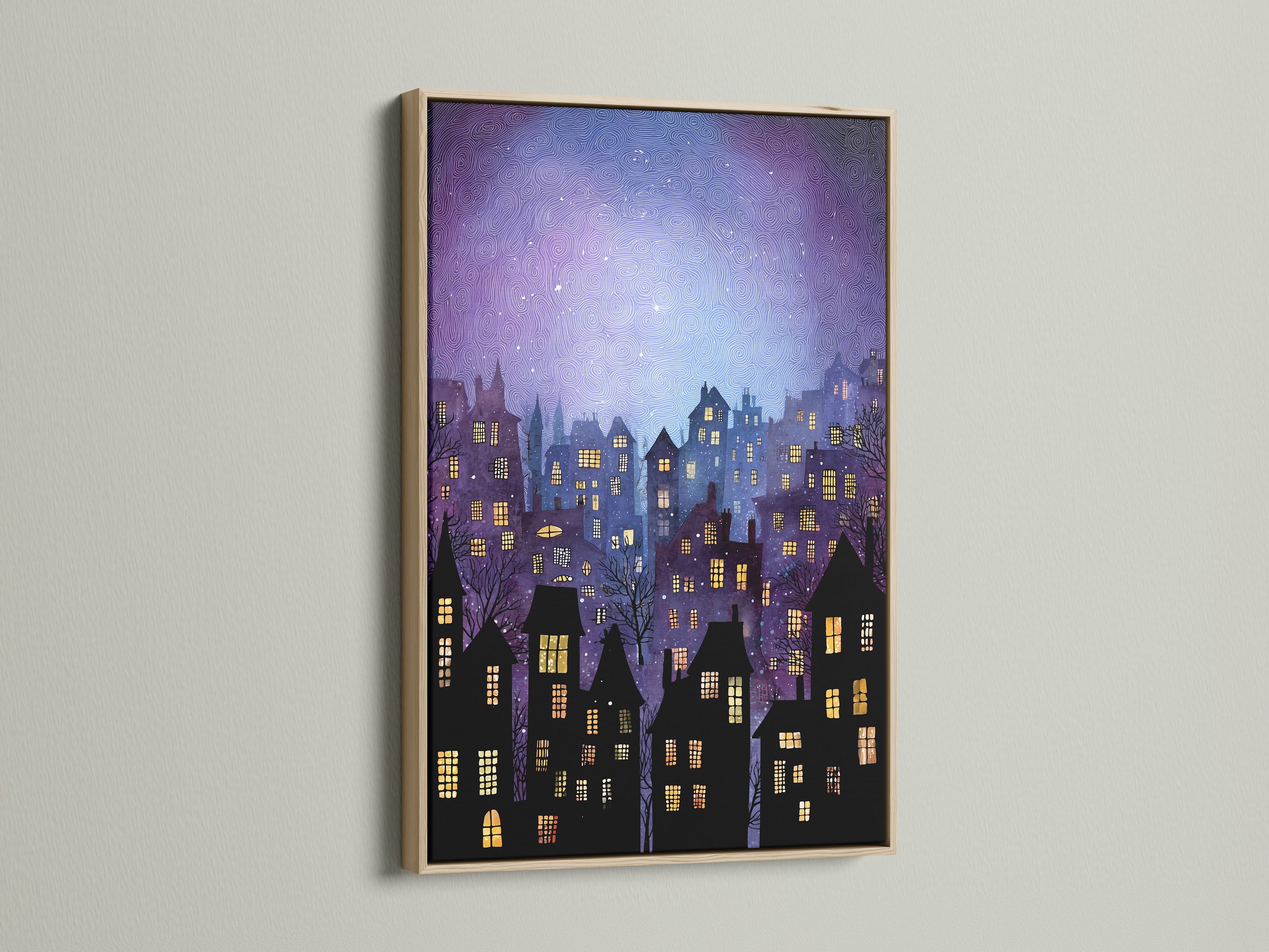 This is an oak frame. The artwork inside the frame shows a charming cityscape. The buildings have glowing windows. The sky is a swirl of blues and purples. This framed art is hanging on a white wall. The artwork is perfect for adding a touch of magic to your home.