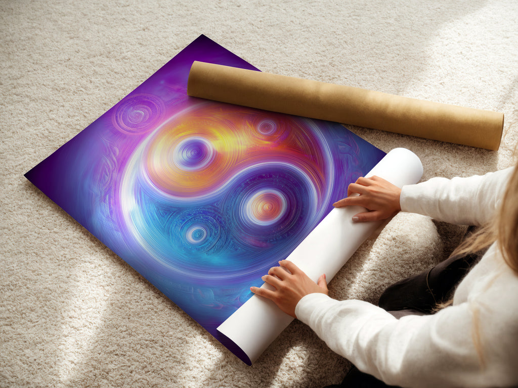 A woman is carefully rolling a fine art poster paper. The Yin Yang artwork is ready to be displayed. This cosmic spiritual wall art is perfect for renters. It is ideal for homeowners seeking balance.