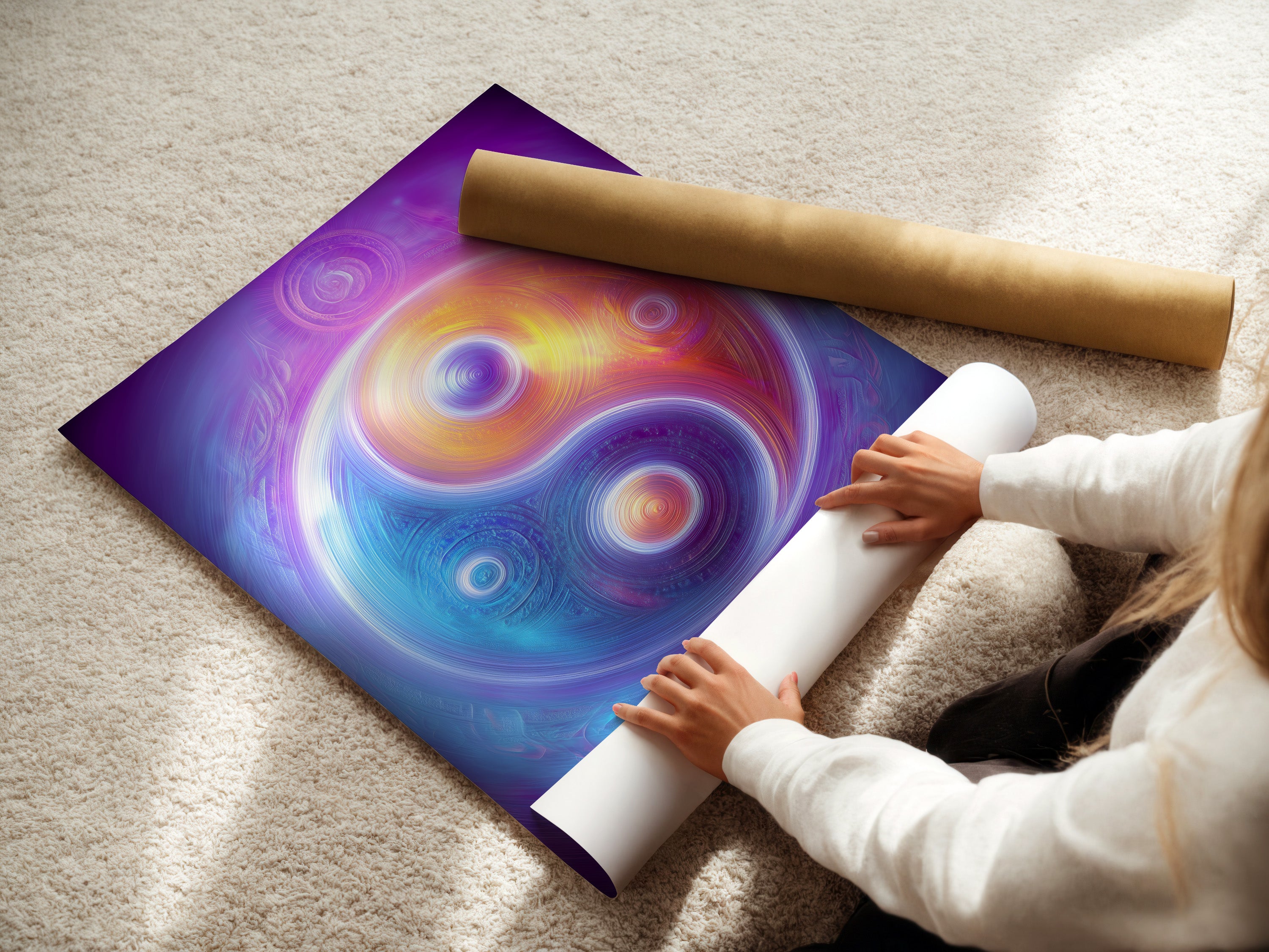 A woman is carefully rolling a fine art poster paper. The Yin Yang artwork is ready to be displayed. This cosmic spiritual wall art is perfect for renters. It is ideal for homeowners seeking balance.
