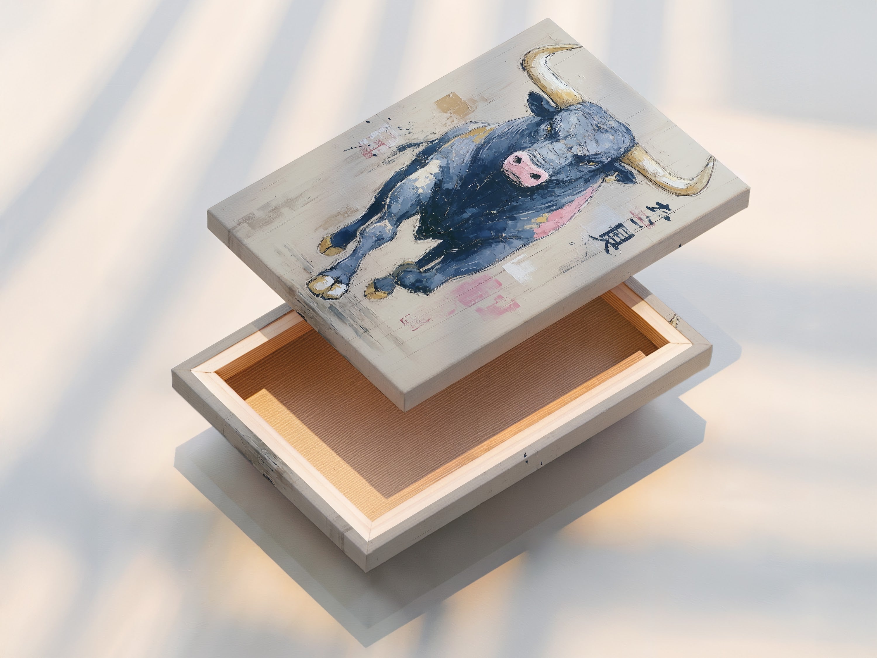 A stretched canvas print of a bull. This abstract animal wall art offers modern farmhouse decor for a study room. It is a taurus zodiac art piece. This modern artwork is ready to hang.