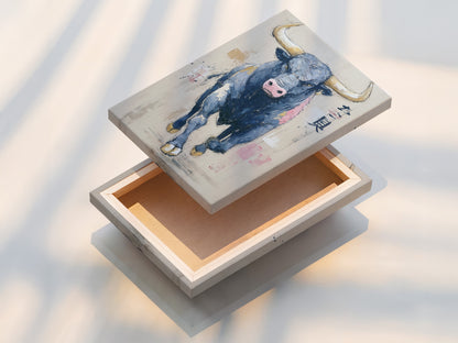 A stretched canvas print of a bull. This abstract animal wall art offers modern farmhouse decor for a study room. It is a taurus zodiac art piece. This modern artwork is ready to hang.