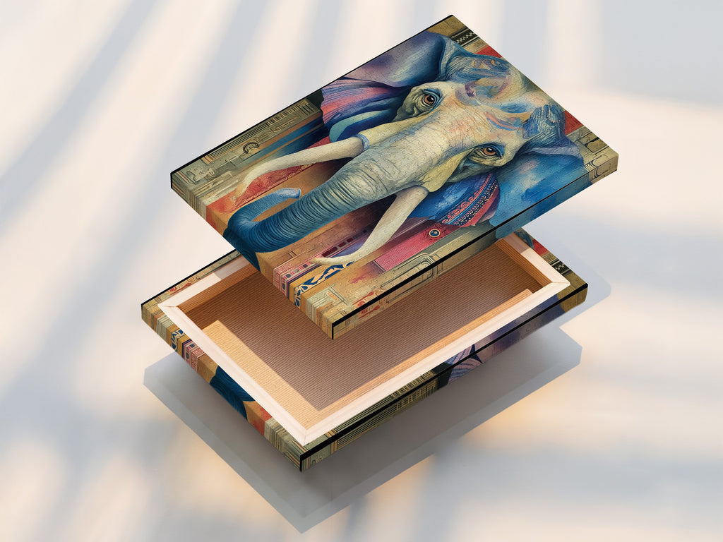 A stretched canvas print of an elephant artwork is on display. This piece is ready to hang. Its vintage bohemian style adds character to any room. The colorful animal print and intricate details create a focal point. Ideal for homeowners seeking elevated global inspired wall art. This piece is great for cafes and boardrooms.